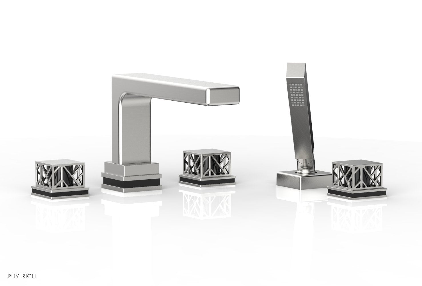1-3/8" - Satin Chrome - JOLIE Deck Tub Set with Hand Shower - Square Handles with "Black" Accents 222-49 by Phylrich - New York Hardware