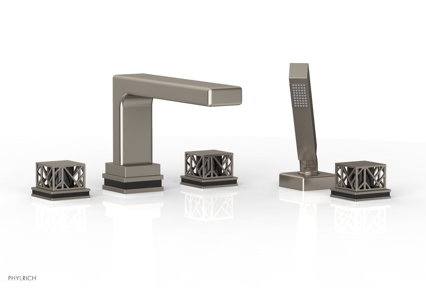 1-3/8" - Pewter - JOLIE Deck Tub Set with Hand Shower - Square Handles with "Black" Accents 222-49 by Phylrich - New York Hardware