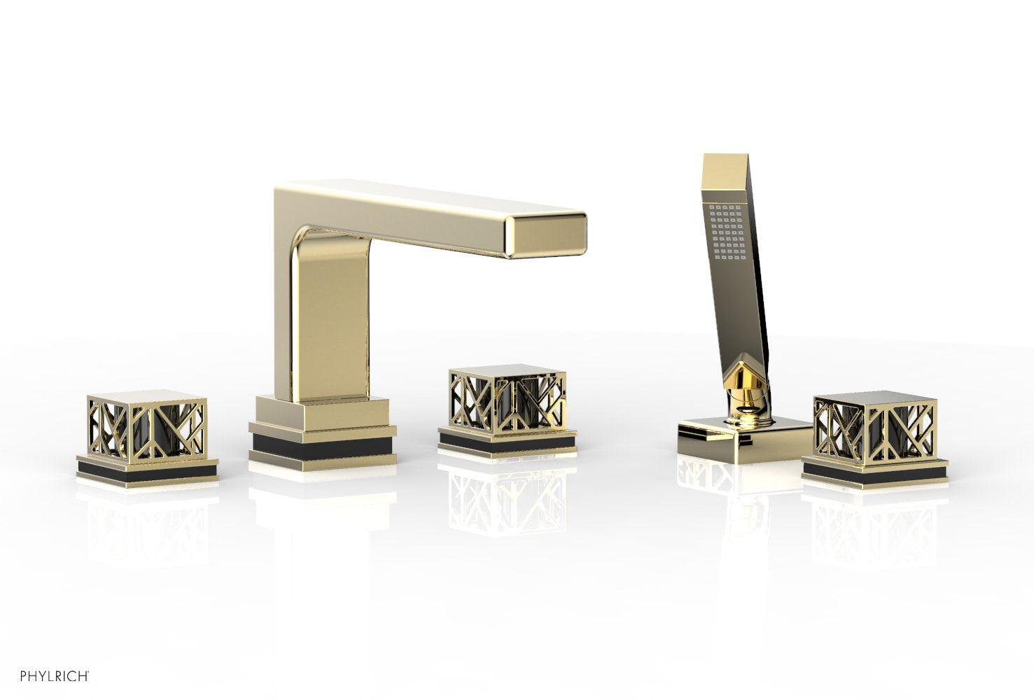 1-3/8" - Polished Brass Uncoated - JOLIE Deck Tub Set with Hand Shower - Square Handles with "Black" Accents 222-49 by Phylrich - New York Hardware