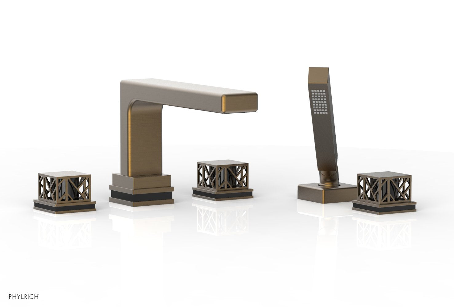 1-3/8" - Old English Brass - JOLIE Deck Tub Set with Hand Shower - Square Handles with "Black" Accents 222-49 by Phylrich - New York Hardware