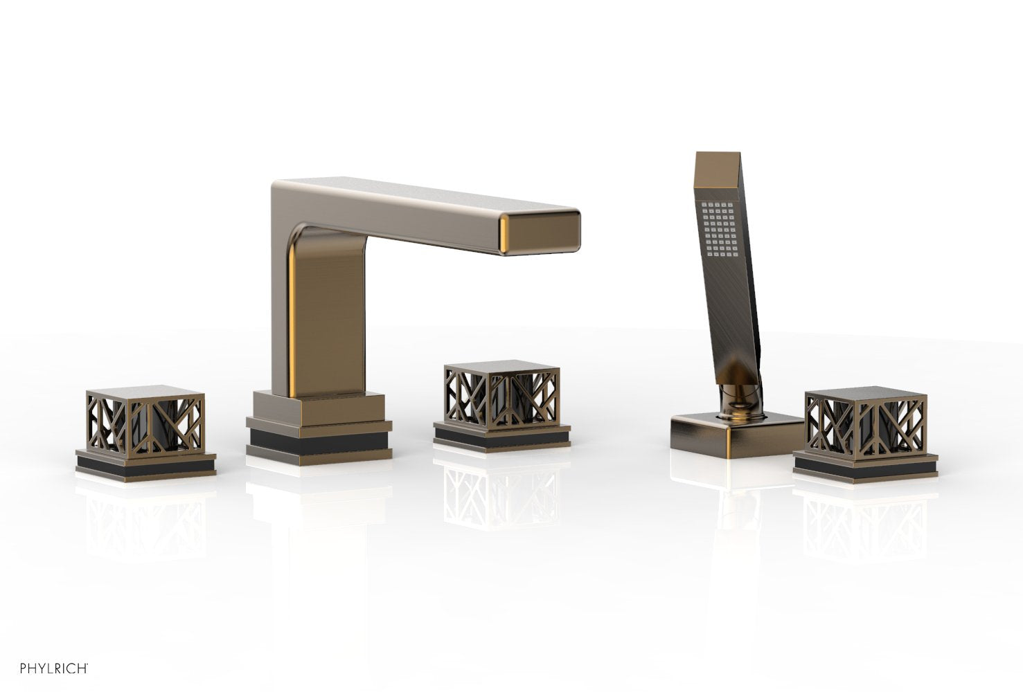 1-3/8" - Antique Brass - JOLIE Deck Tub Set with Hand Shower - Square Handles with "Black" Accents 222-49 by Phylrich - New York Hardware