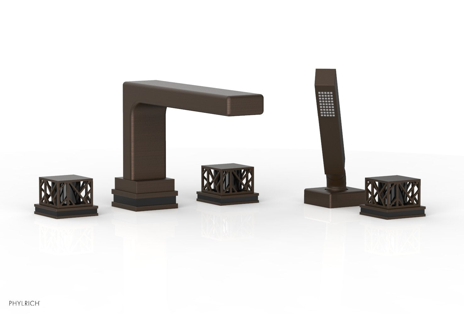 1-3/8" - Antique Bronze - JOLIE Deck Tub Set with Hand Shower - Square Handles with "Black" Accents 222-49 by Phylrich - New York Hardware