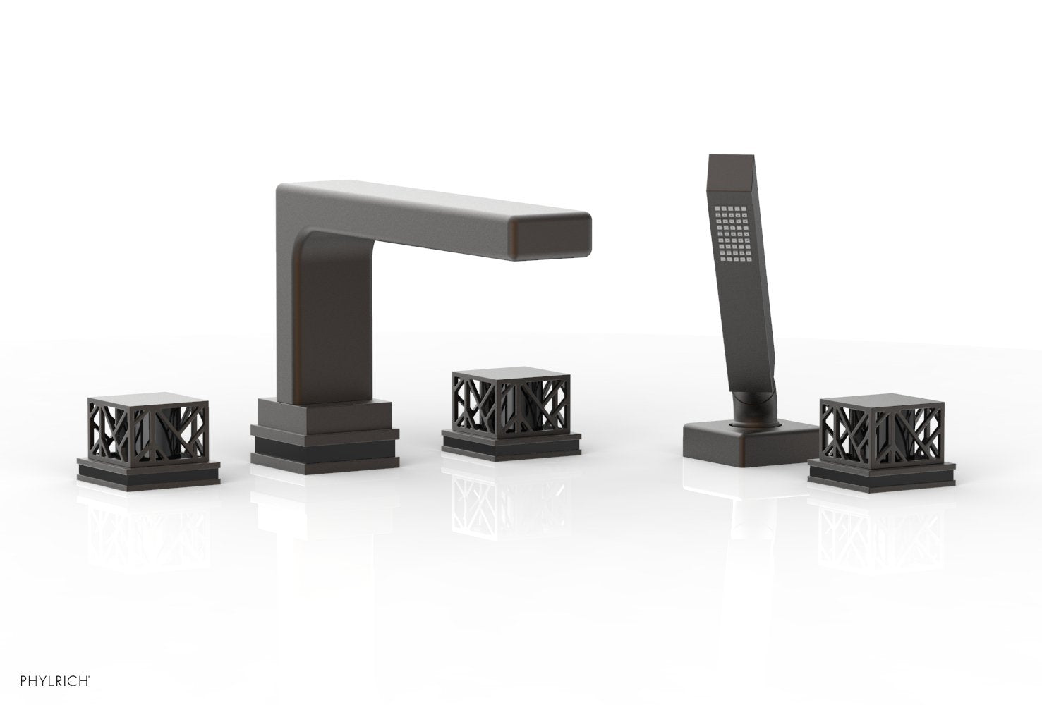 1-3/8" - Oil Rubbed Bronze - JOLIE Deck Tub Set with Hand Shower - Square Handles with "Black" Accents 222-49 by Phylrich - New York Hardware