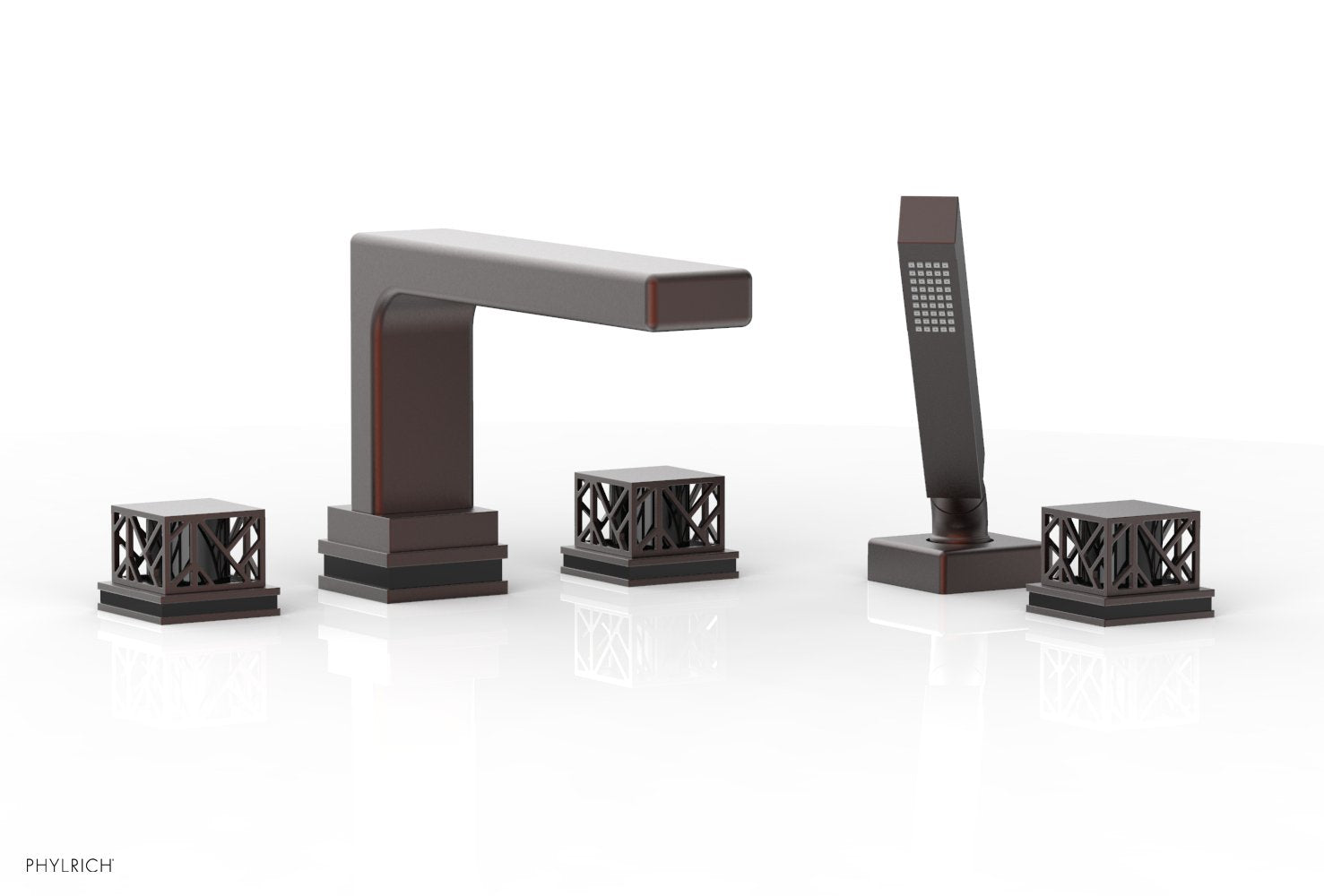 1-3/8" - Weathered Copper - JOLIE Deck Tub Set with Hand Shower - Square Handles with "Black" Accents 222-49 by Phylrich - New York Hardware