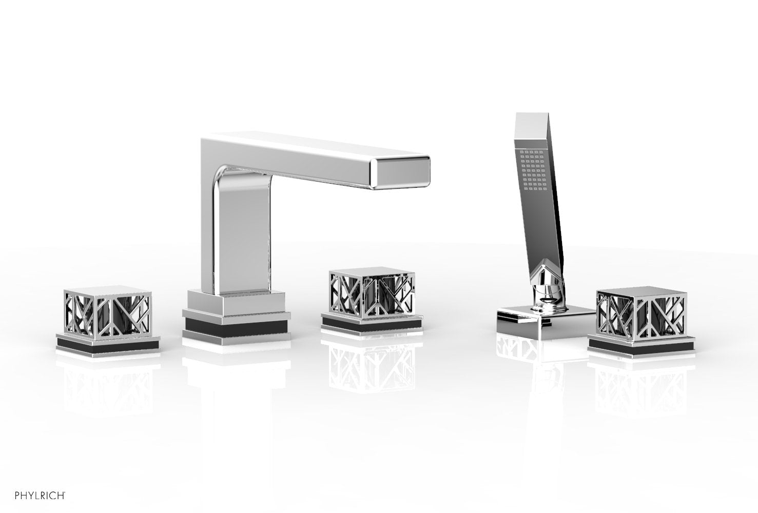 1-3/8" - Satin Brass - JOLIE Deck Tub Set with Hand Shower - Square Handles with "Black" Accents 222-49 by Phylrich - New York Hardware