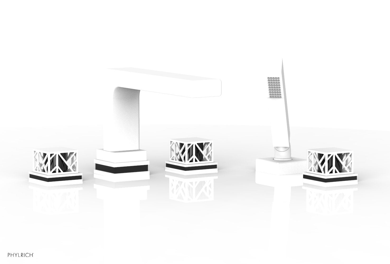 1-3/8" - Satin White - JOLIE Deck Tub Set with Hand Shower - Square Handles with "Black" Accents 222-49 by Phylrich - New York Hardware