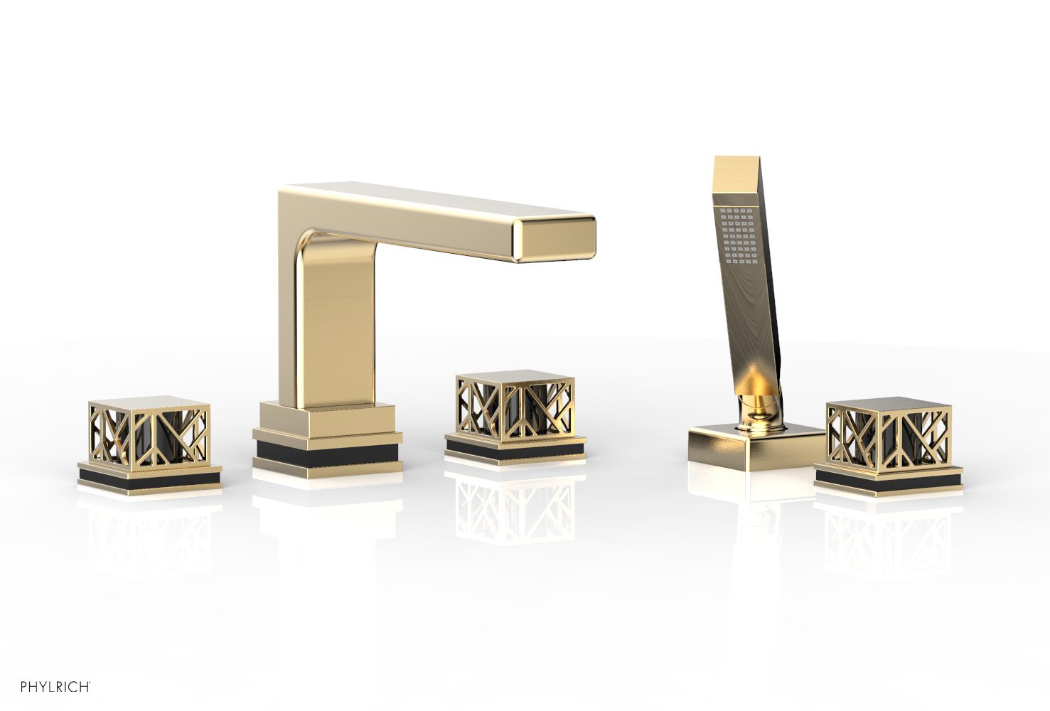 1-3/8" - Polished Nickel - JOLIE Deck Tub Set with Hand Shower - Square Handles with "Black" Accents 222-49 by Phylrich - New York Hardware