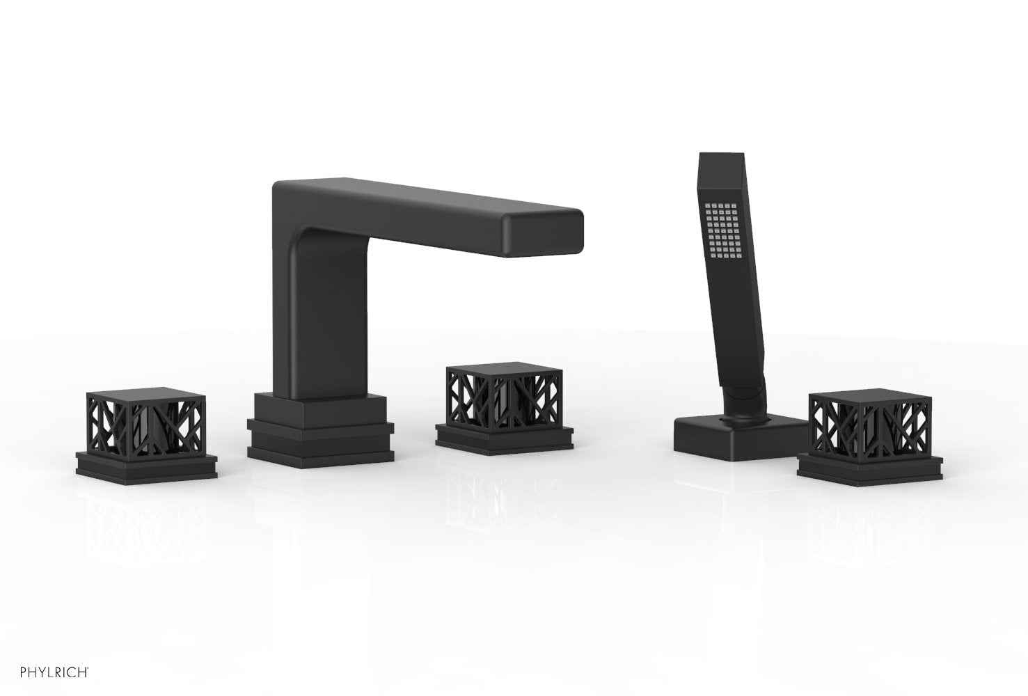 1-3/8" - Satin Nickel - JOLIE Deck Tub Set with Hand Shower - Square Handles with "Black" Accents 222-49 by Phylrich - New York Hardware