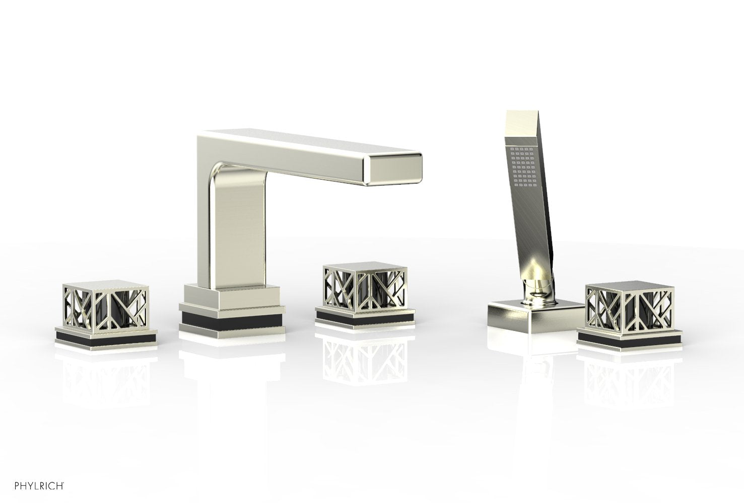 1-3/8" - Polished Brass - JOLIE Deck Tub Set with Hand Shower - Square Handles with "Black" Accents 222-49 by Phylrich - New York Hardware