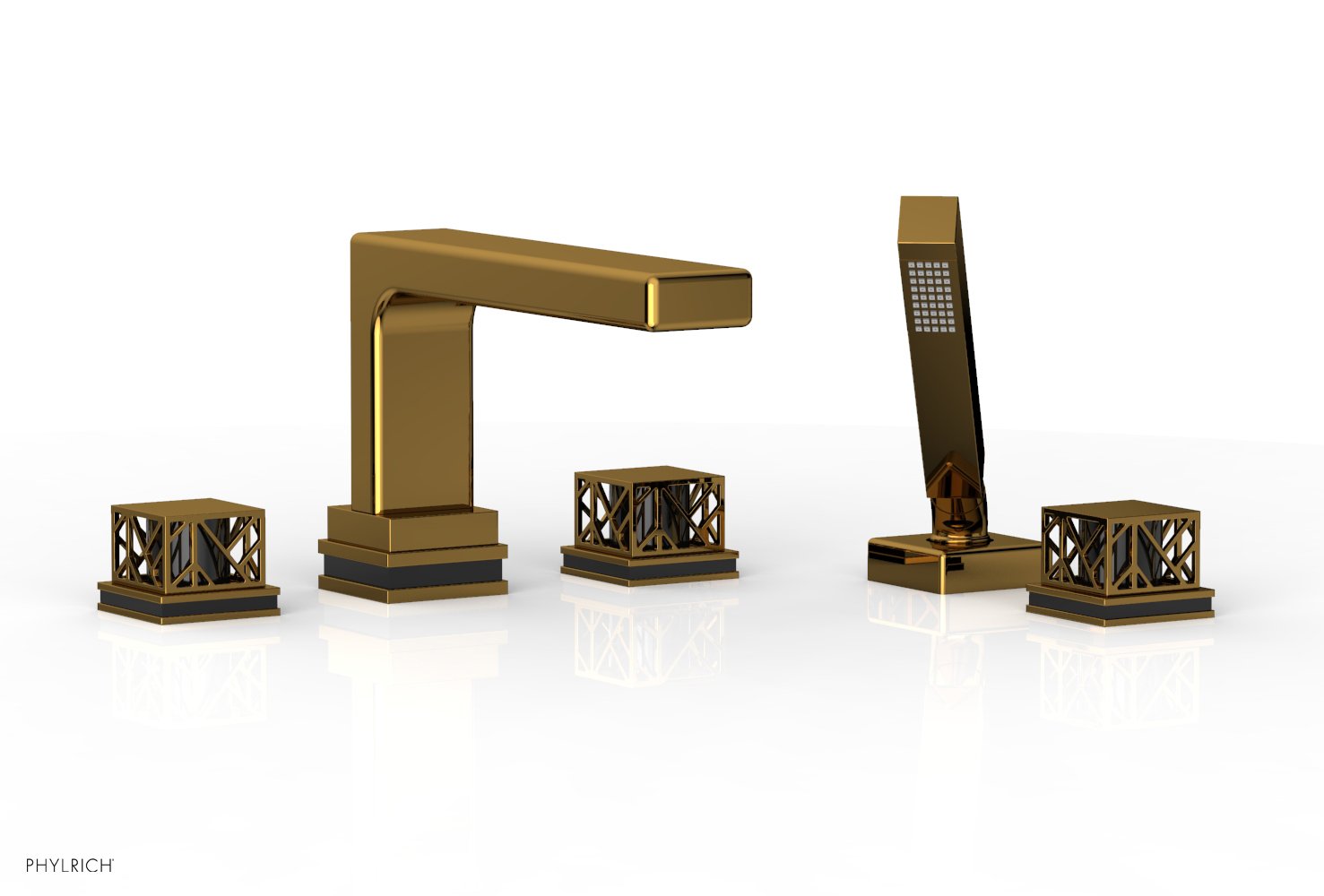 1-3/8" - Polished Chrome - JOLIE Deck Tub Set with Hand Shower - Square Handles with "Black" Accents 222-49 by Phylrich - New York Hardware