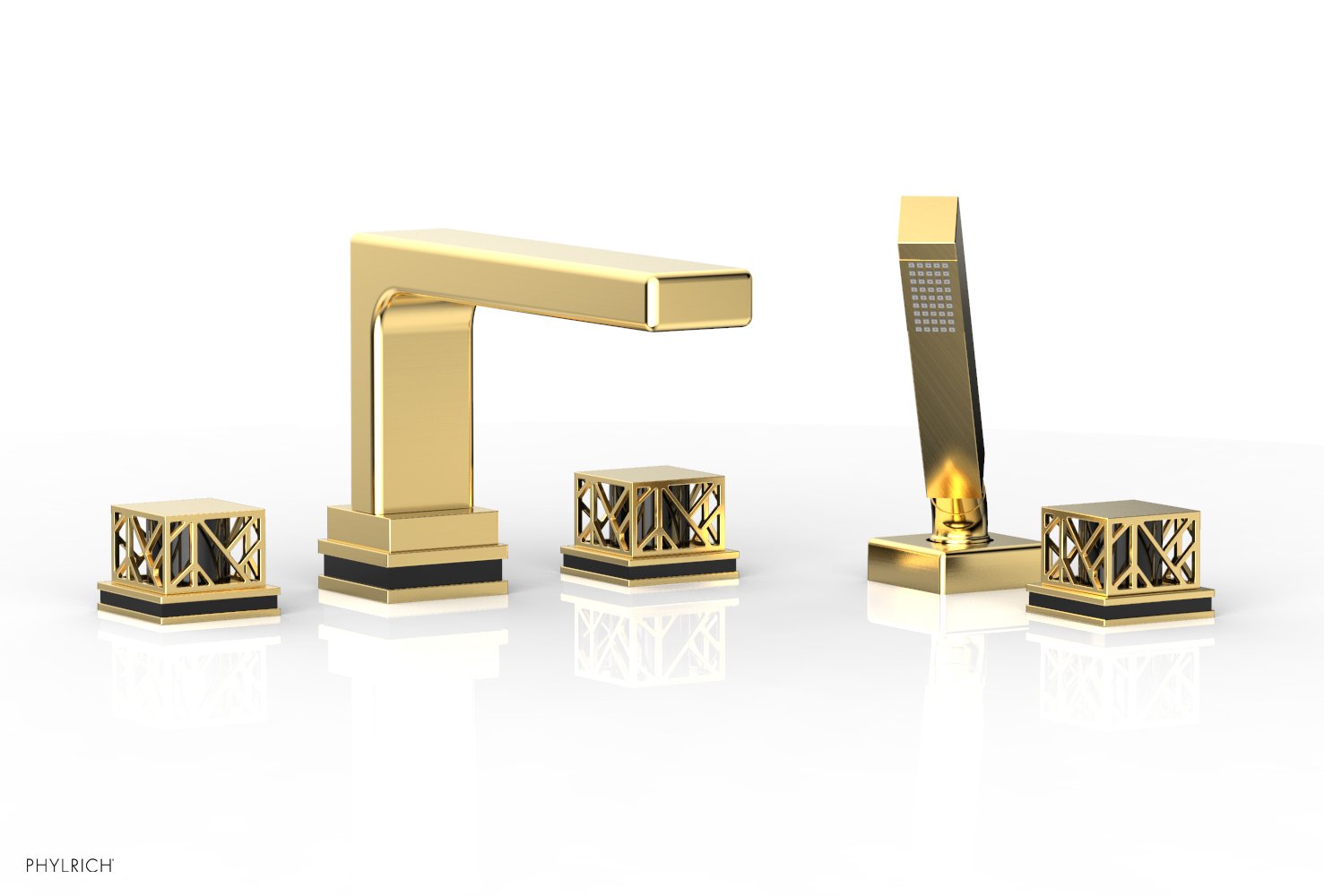 1-3/8" - Satin Gold - JOLIE Deck Tub Set with Hand Shower - Square Handles with "Black" Accents 222-49 by Phylrich - New York Hardware