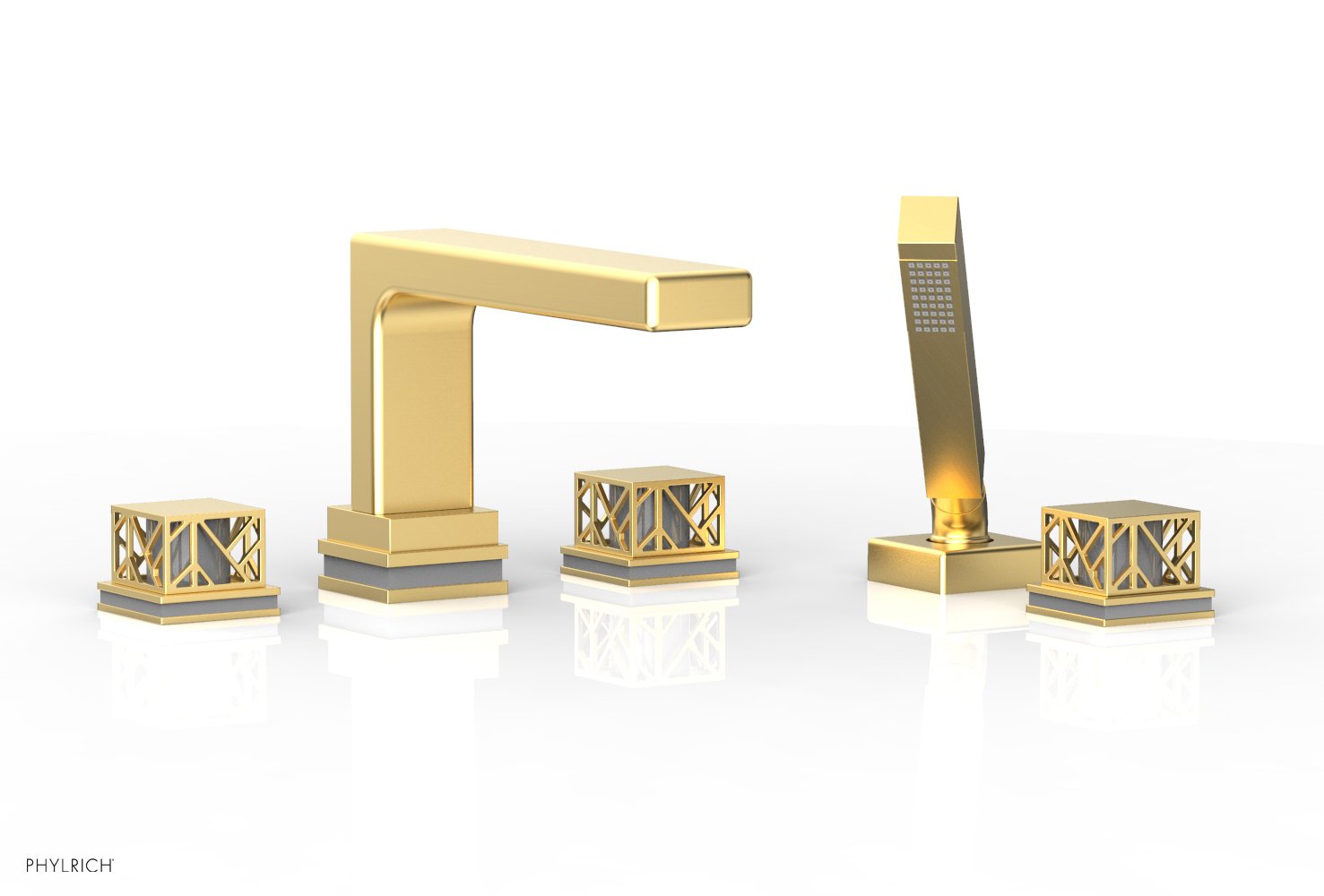 1-3/8" - Burnished Gold - JOLIE Deck Tub Set with Hand Shower - Square Handles with "Grey" Accents 222-49 by Phylrich - New York Hardware