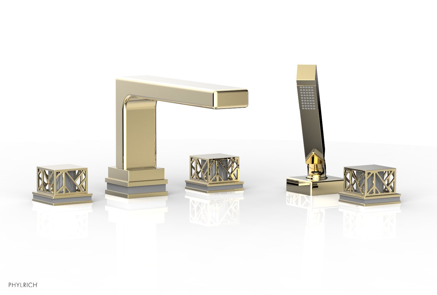 1-3/8" - Polished Brass Uncoated - JOLIE Deck Tub Set with Hand Shower - Square Handles with "Grey" Accents 222-49 by Phylrich - New York Hardware