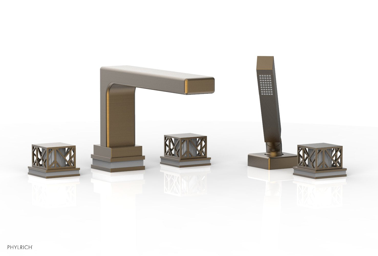 1-3/8" - Old English Brass - JOLIE Deck Tub Set with Hand Shower - Square Handles with "Grey" Accents 222-49 by Phylrich - New York Hardware