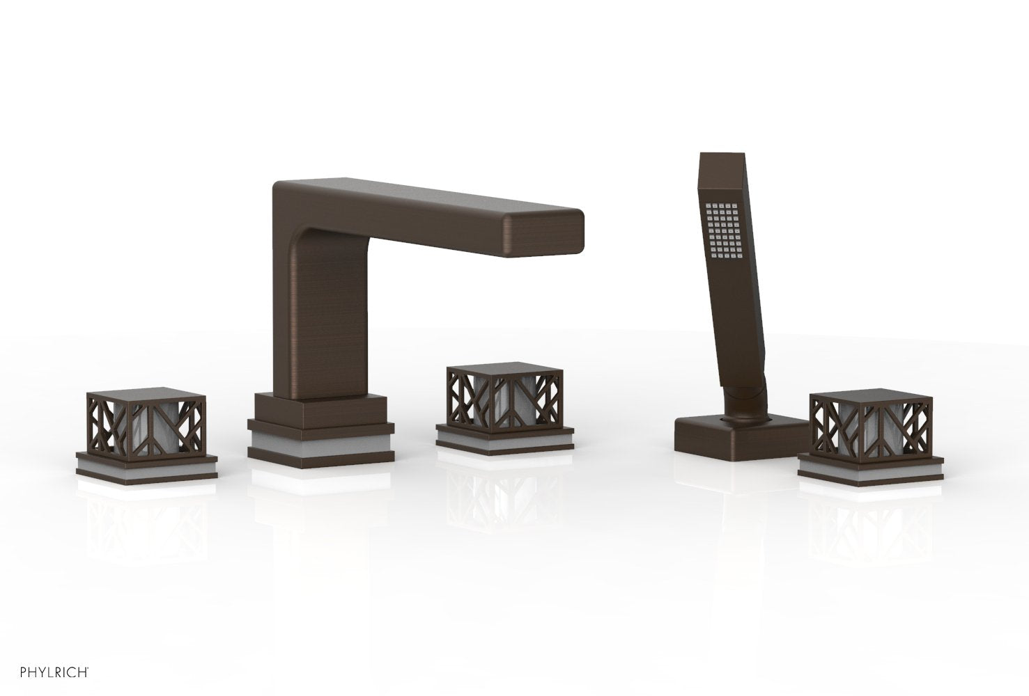 1-3/8" - Antique Bronze - JOLIE Deck Tub Set with Hand Shower - Square Handles with "Grey" Accents 222-49 by Phylrich - New York Hardware