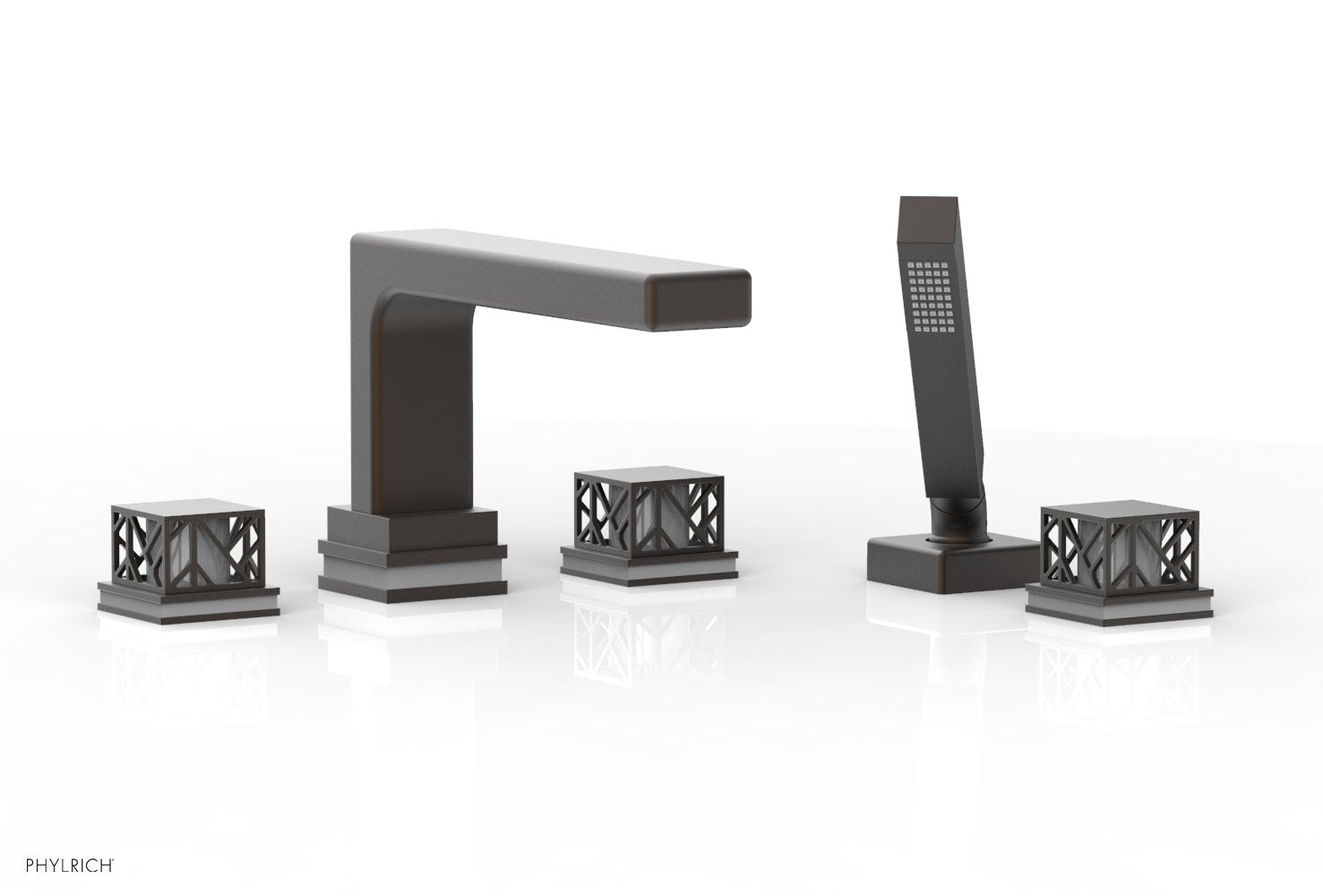 1-3/8" - Oil Rubbed Bronze - JOLIE Deck Tub Set with Hand Shower - Square Handles with "Grey" Accents 222-49 by Phylrich - New York Hardware