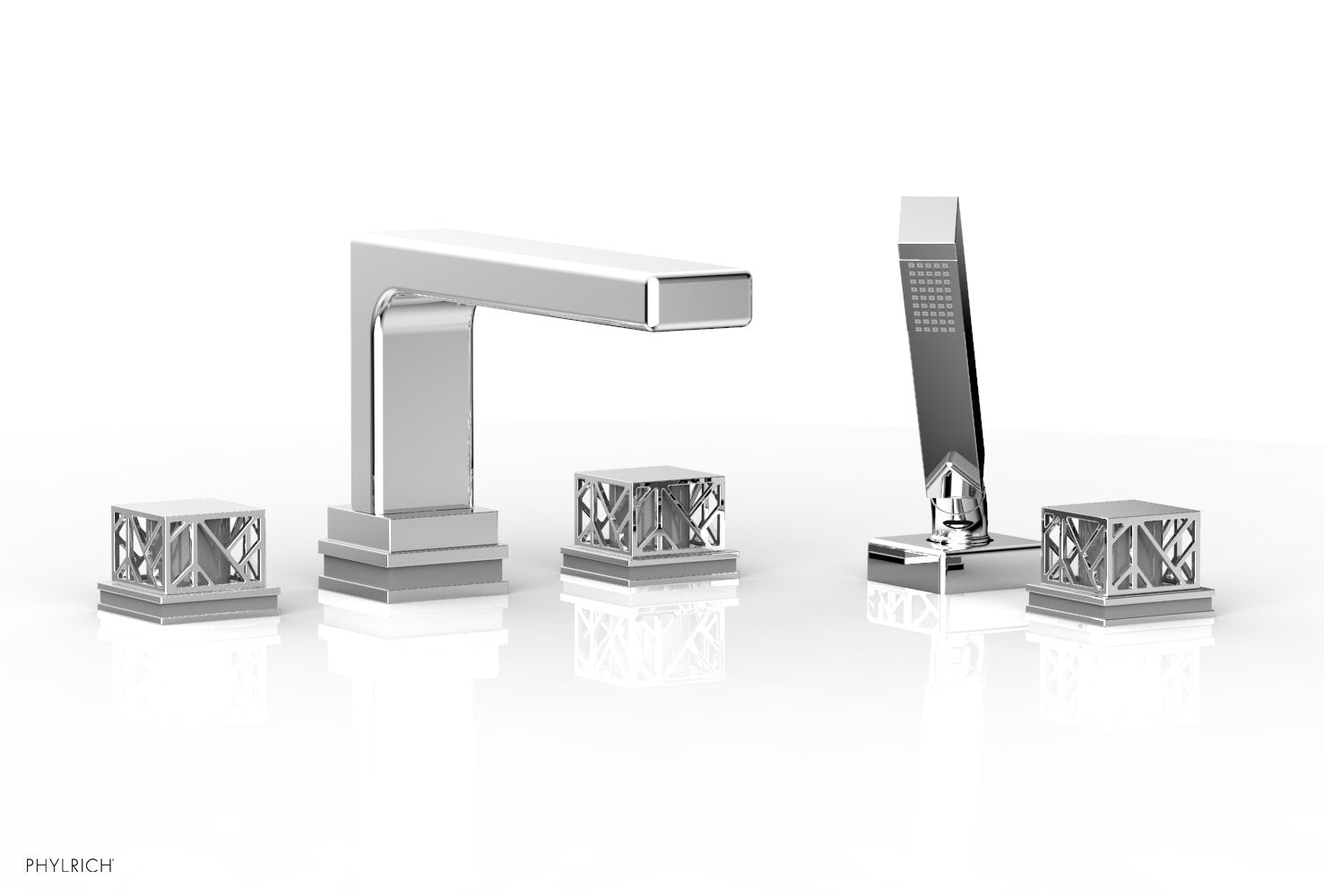 1-3/8" - Satin Brass - JOLIE Deck Tub Set with Hand Shower - Square Handles with "Grey" Accents 222-49 by Phylrich - New York Hardware