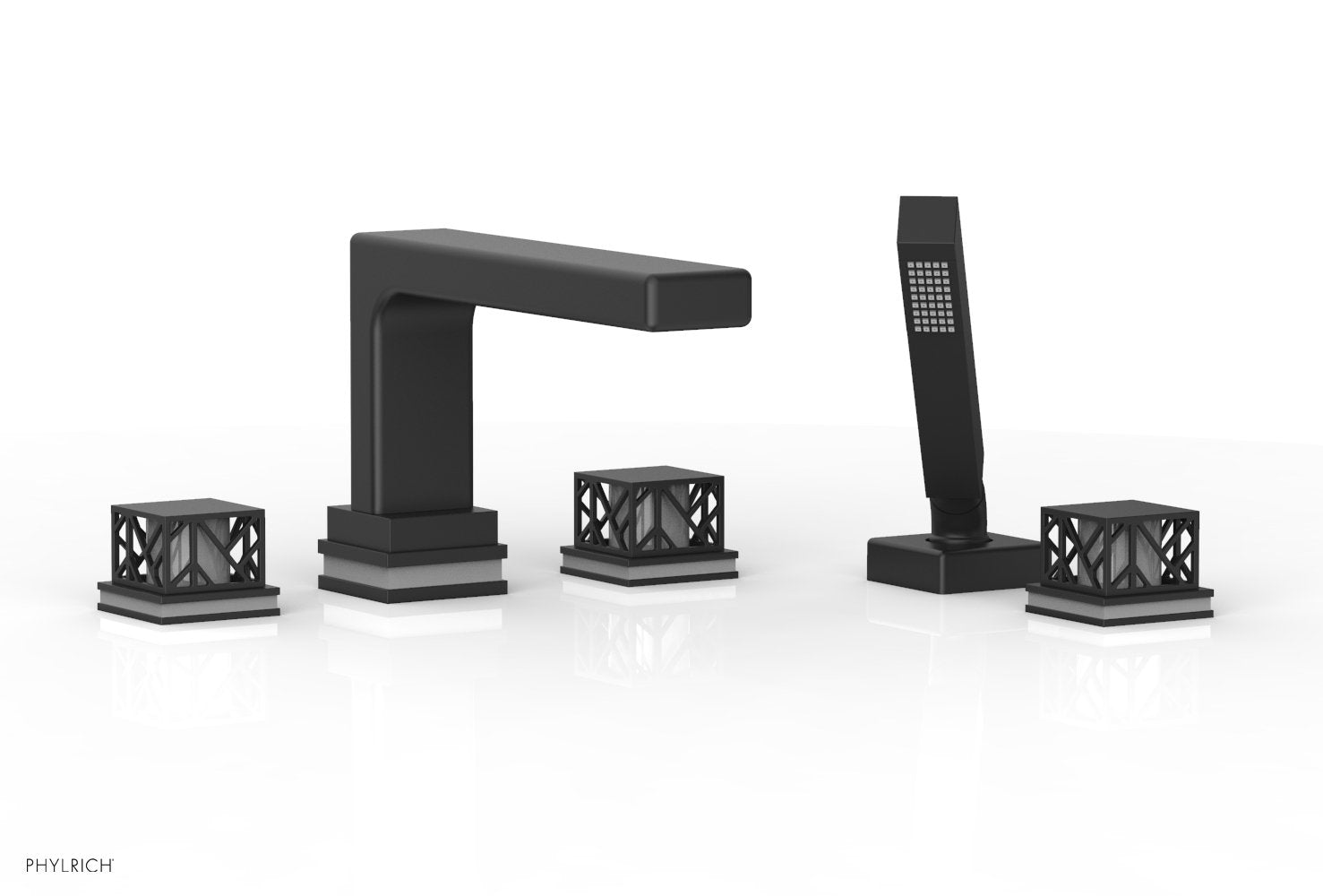 1-3/8" - Matte Black - JOLIE Deck Tub Set with Hand Shower - Square Handles with "Grey" Accents 222-49 by Phylrich - New York Hardware