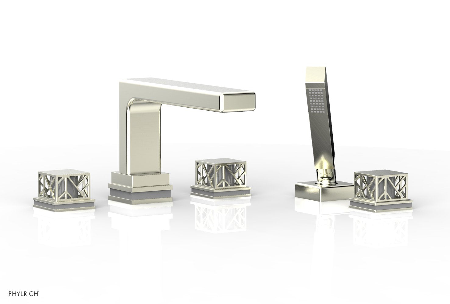 1-3/8" - Satin Nickel - JOLIE Deck Tub Set with Hand Shower - Square Handles with "Grey" Accents 222-49 by Phylrich - New York Hardware