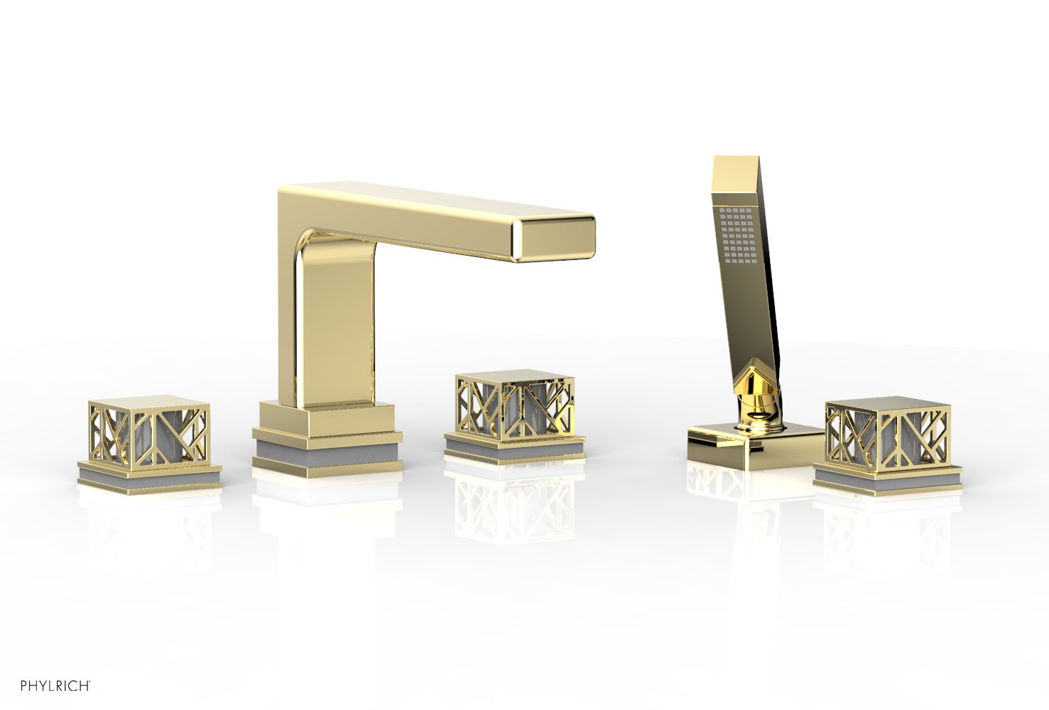 1-3/8" - Polished Brass - JOLIE Deck Tub Set with Hand Shower - Square Handles with "Grey" Accents 222-49 by Phylrich - New York Hardware