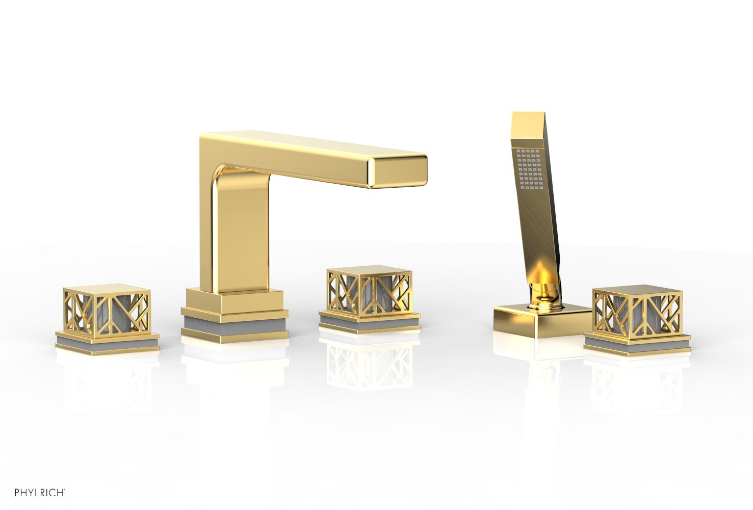 1-3/8" - Satin Gold - JOLIE Deck Tub Set with Hand Shower - Square Handles with "Grey" Accents 222-49 by Phylrich - New York Hardware