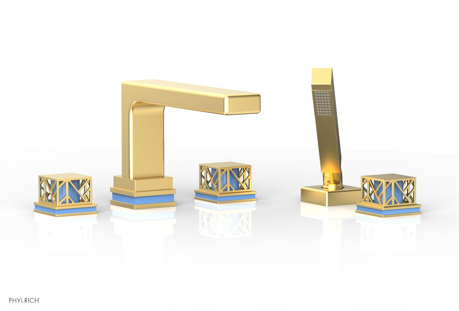 1-3/8" - Burnished Gold - JOLIE Deck Tub Set with Hand Shower - Square Handles with "Light Blue" Accents 222-49 by Phylrich - New York Hardware