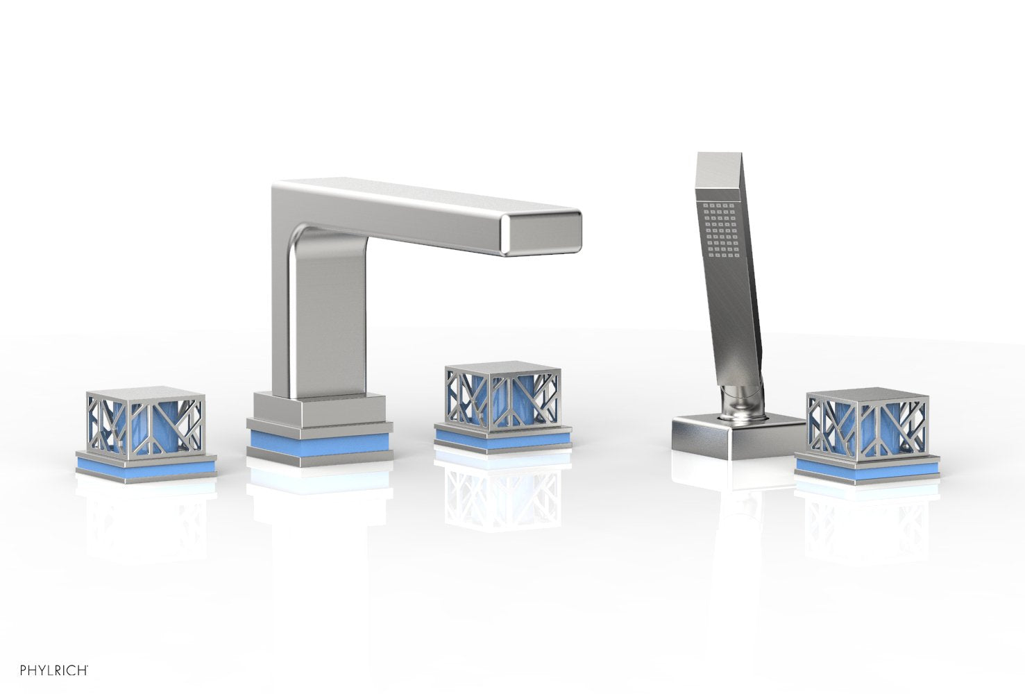 1-3/8" - Satin Chrome - JOLIE Deck Tub Set with Hand Shower - Square Handles with "Light Blue" Accents 222-49 by Phylrich - New York Hardware