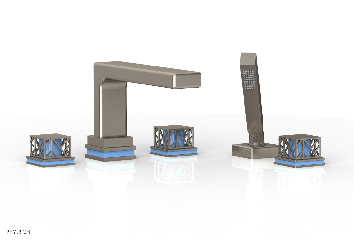1-3/8" - Pewter - JOLIE Deck Tub Set with Hand Shower - Square Handles with "Light Blue" Accents 222-49 by Phylrich - New York Hardware
