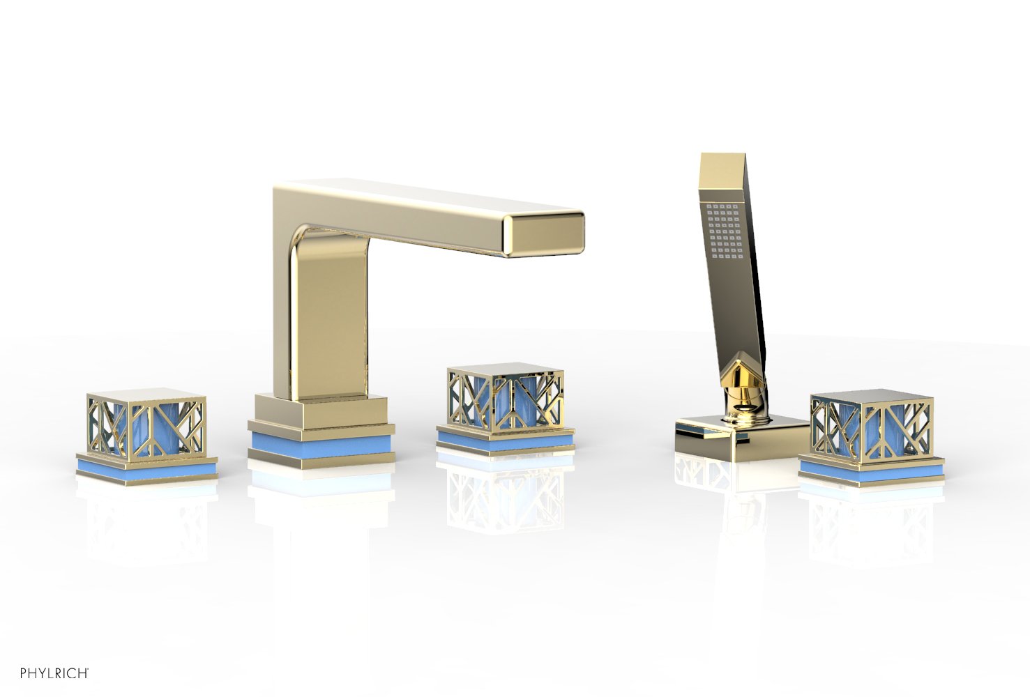 1-3/8" - Polished Brass Uncoated - JOLIE Deck Tub Set with Hand Shower - Square Handles with "Light Blue" Accents 222-49 by Phylrich - New York Hardware