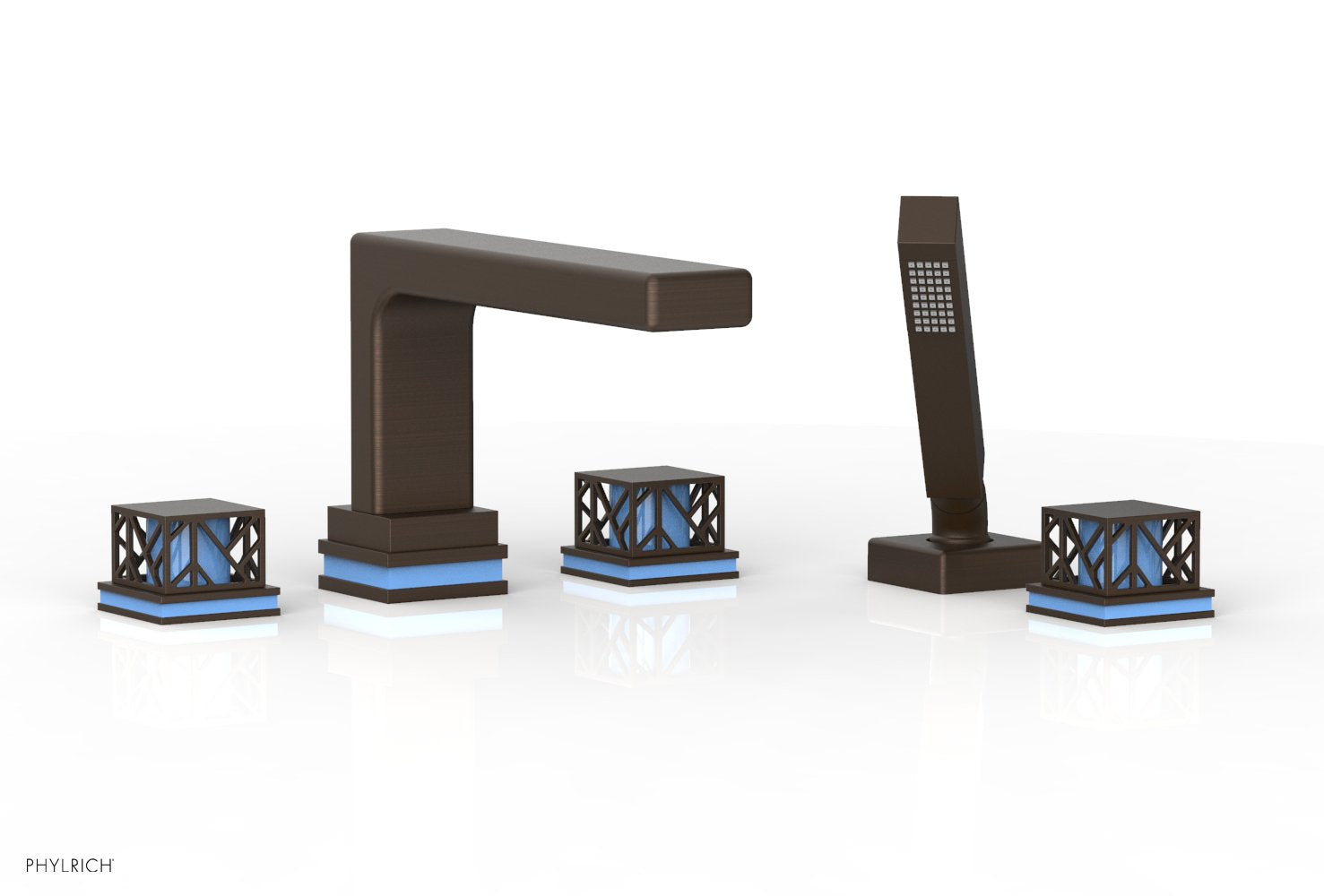 1-3/8" - Antique Bronze - JOLIE Deck Tub Set with Hand Shower - Square Handles with "Light Blue" Accents 222-49 by Phylrich - New York Hardware