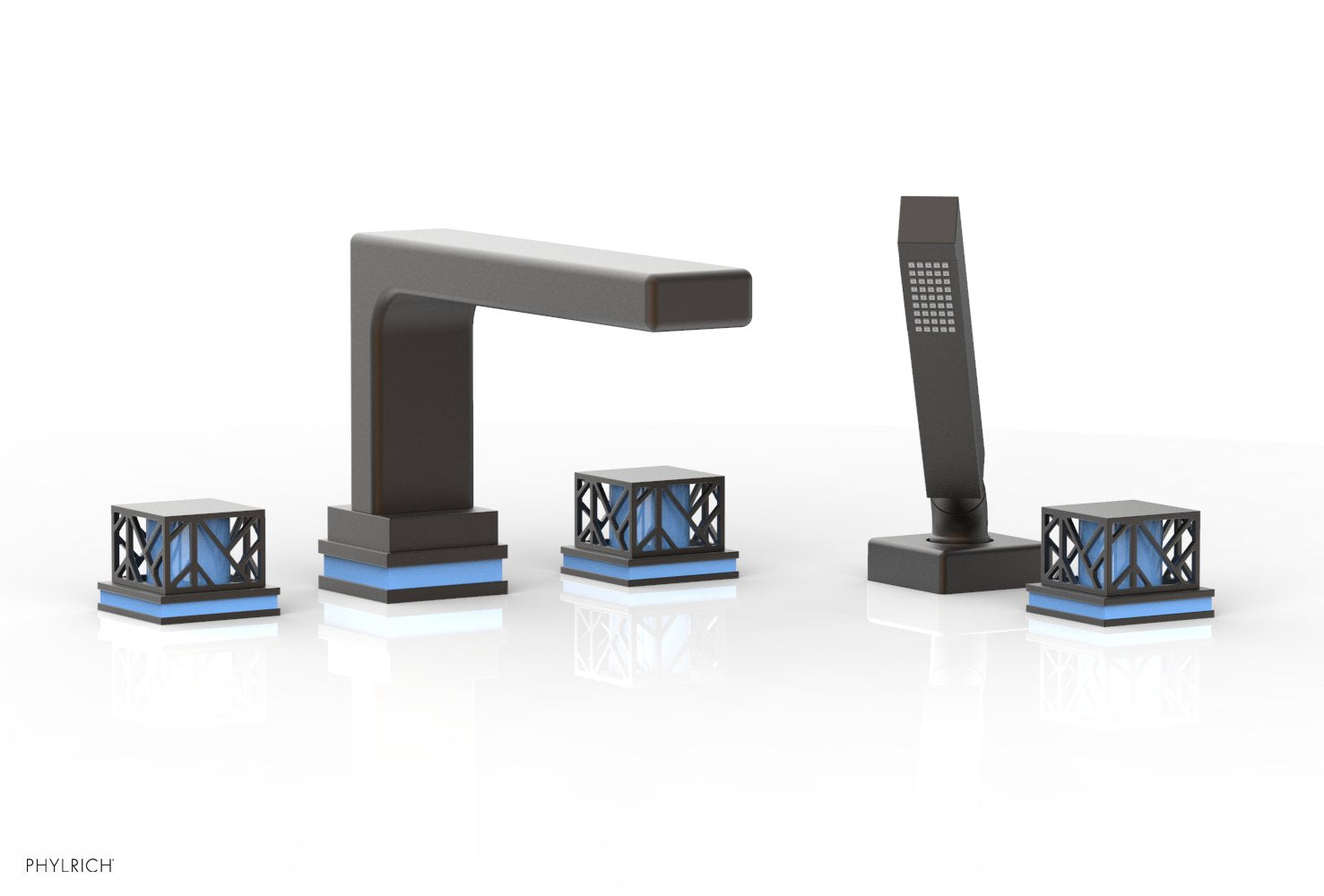 1-3/8" - Oil Rubbed Bronze - JOLIE Deck Tub Set with Hand Shower - Square Handles with "Light Blue" Accents 222-49 by Phylrich - New York Hardware