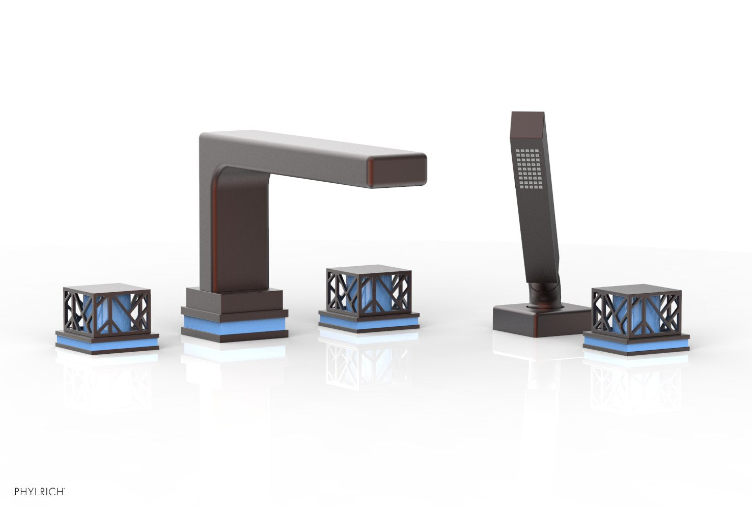 1-3/8" - Weathered Copper - JOLIE Deck Tub Set with Hand Shower - Square Handles with "Light Blue" Accents 222-49 by Phylrich - New York Hardware