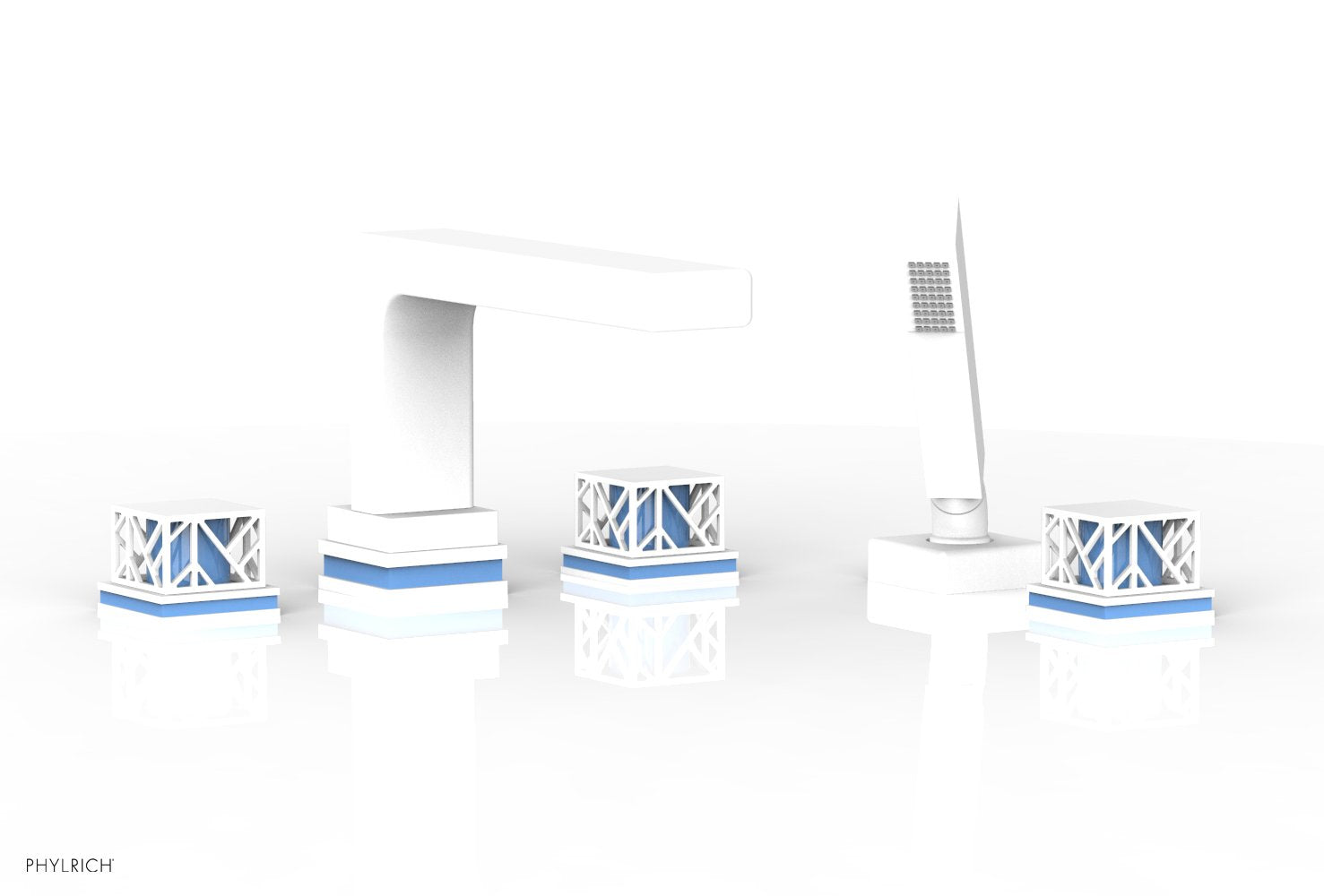 1-3/8" - Satin White - JOLIE Deck Tub Set with Hand Shower - Square Handles with "Light Blue" Accents 222-49 by Phylrich - New York Hardware