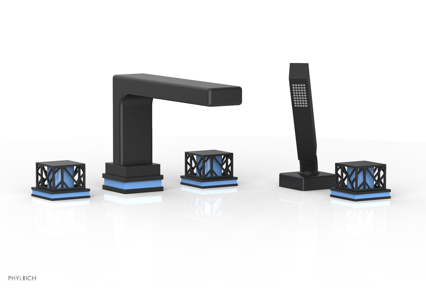 1-3/8" - Matte Black - JOLIE Deck Tub Set with Hand Shower - Square Handles with "Light Blue" Accents 222-49 by Phylrich - New York Hardware