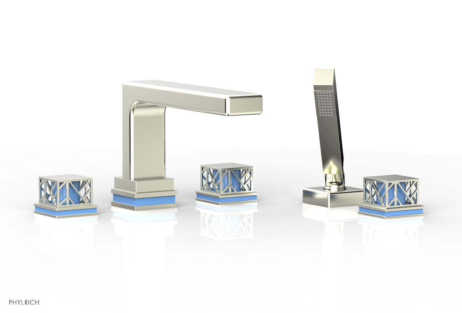 1-3/8" - Satin Nickel - JOLIE Deck Tub Set with Hand Shower - Square Handles with "Light Blue" Accents 222-49 by Phylrich - New York Hardware