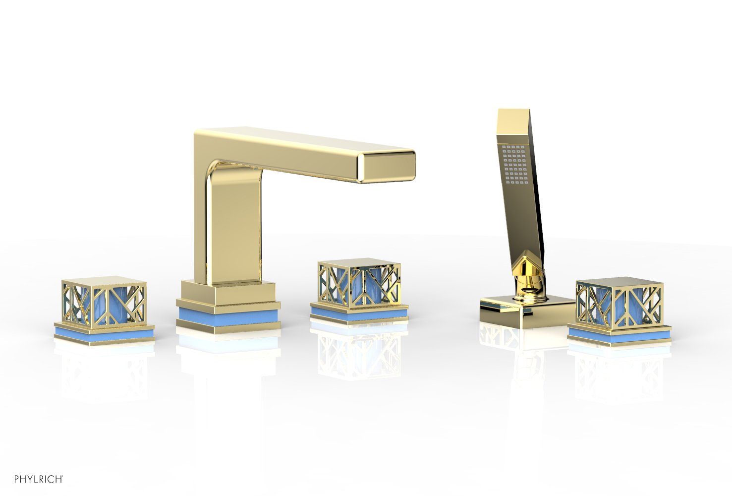 1-3/8" - Polished Brass - JOLIE Deck Tub Set with Hand Shower - Square Handles with "Light Blue" Accents 222-49 by Phylrich - New York Hardware