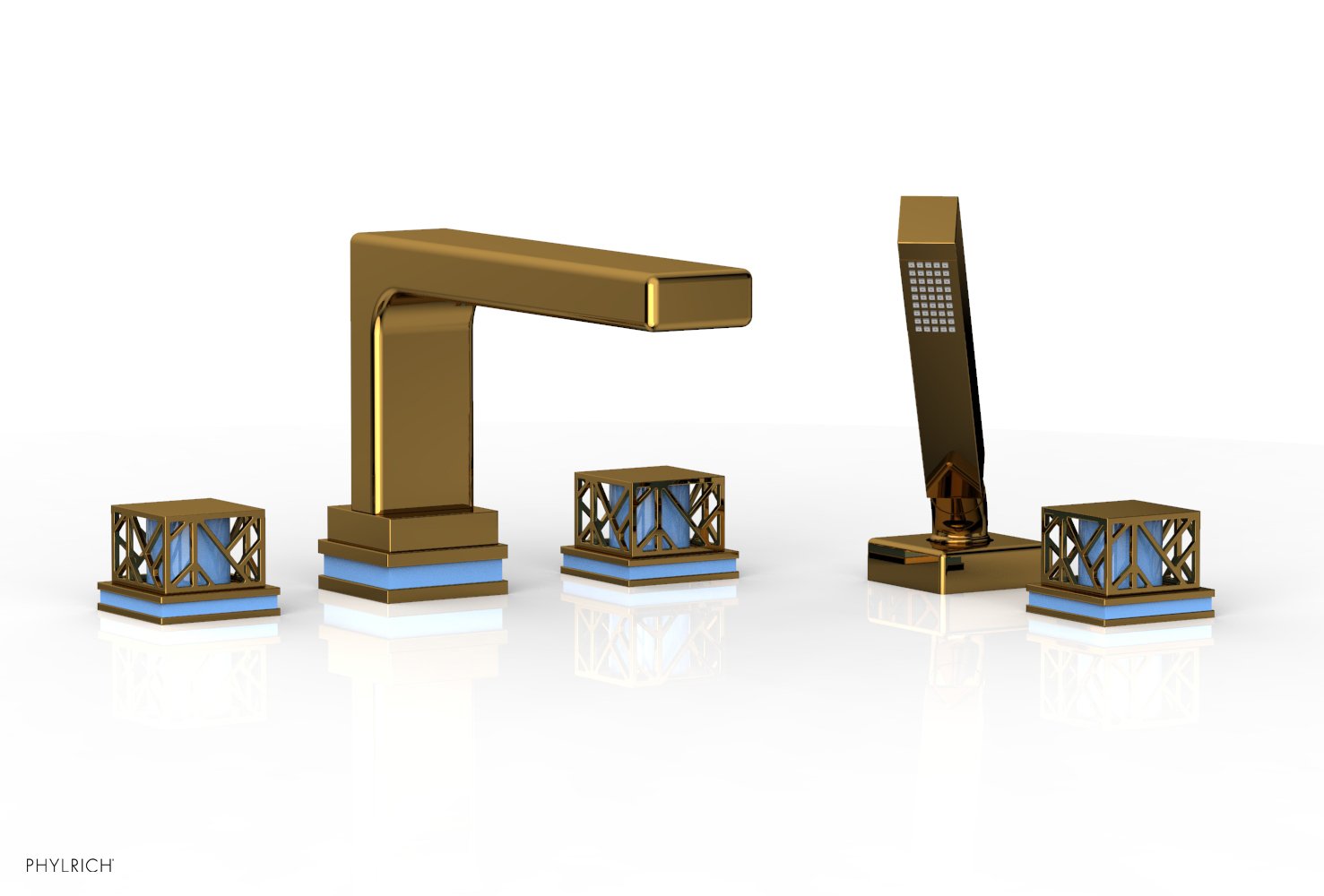 1-3/8" - French Brass - JOLIE Deck Tub Set with Hand Shower - Square Handles with "Light Blue" Accents 222-49 by Phylrich - New York Hardware