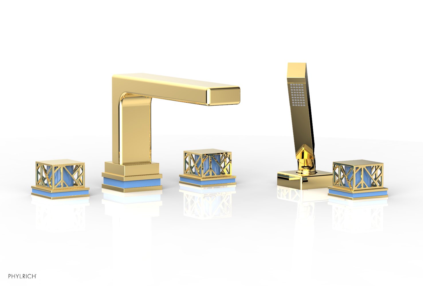1-3/8" - Polished Gold - JOLIE Deck Tub Set with Hand Shower - Square Handles with "Light Blue" Accents 222-49 by Phylrich - New York Hardware