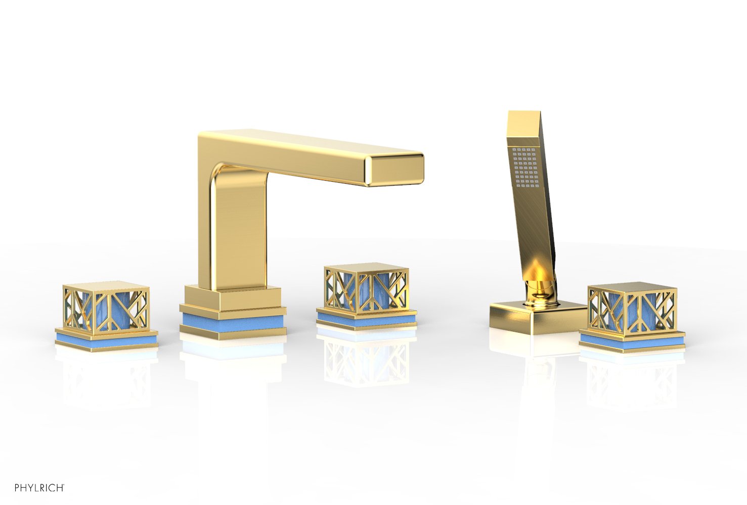 1-3/8" - Satin Gold - JOLIE Deck Tub Set with Hand Shower - Square Handles with "Light Blue" Accents 222-49 by Phylrich - New York Hardware