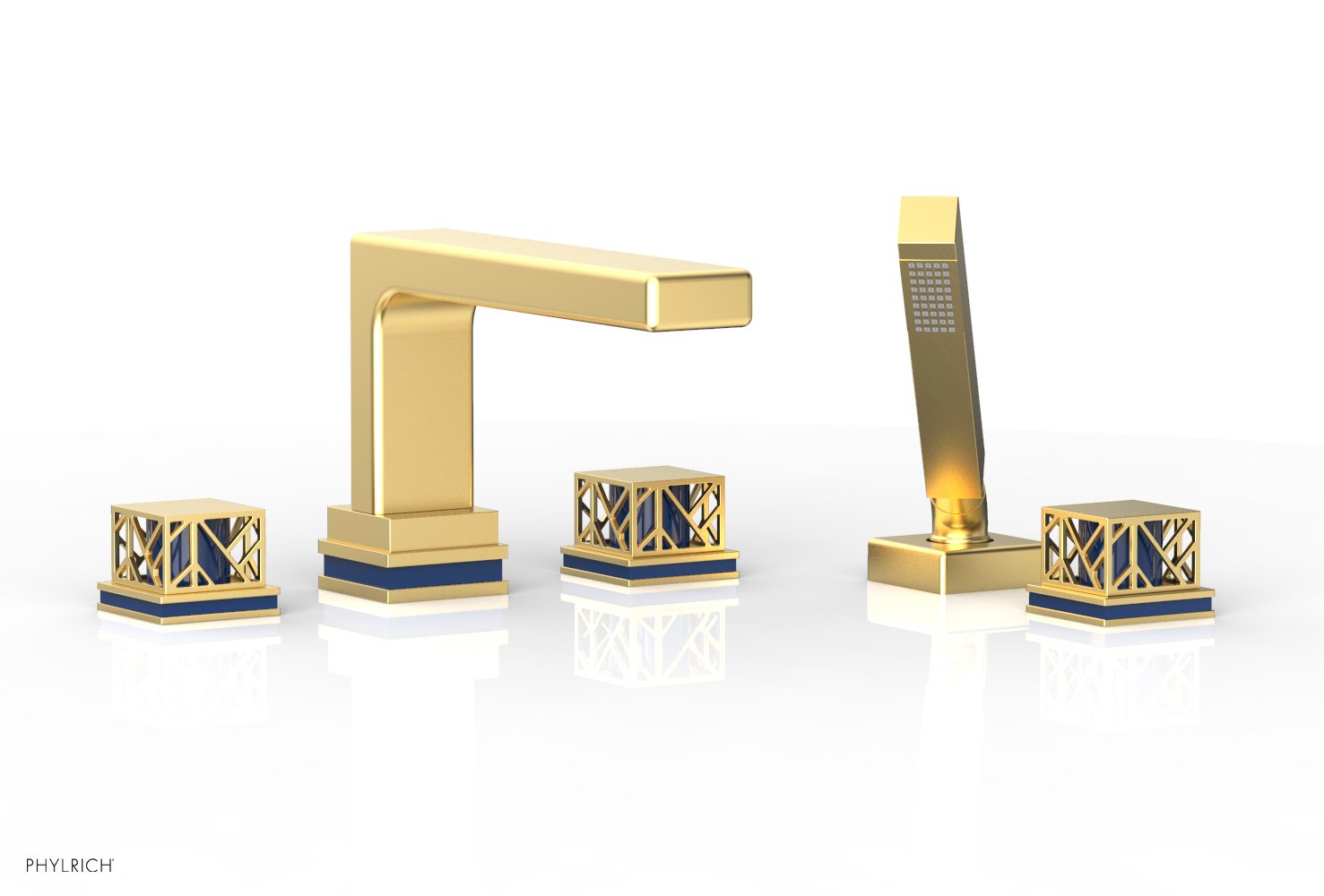 1-3/8" - Satin Chrome - JOLIE Deck Tub Set with Hand Shower - Square Handles with "Navy Blue" Accents 222-49 by Phylrich - New York Hardware