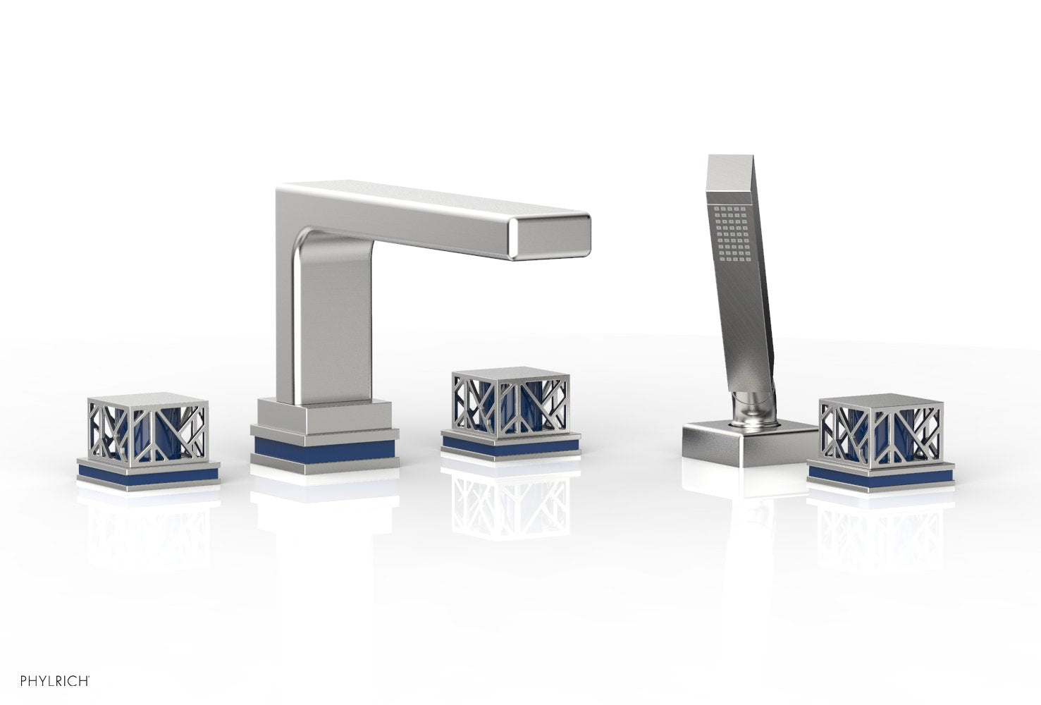1-3/8" - Polished Chrome - JOLIE Deck Tub Set with Hand Shower - Square Handles with "Navy Blue" Accents 222-49 by Phylrich - New York Hardware