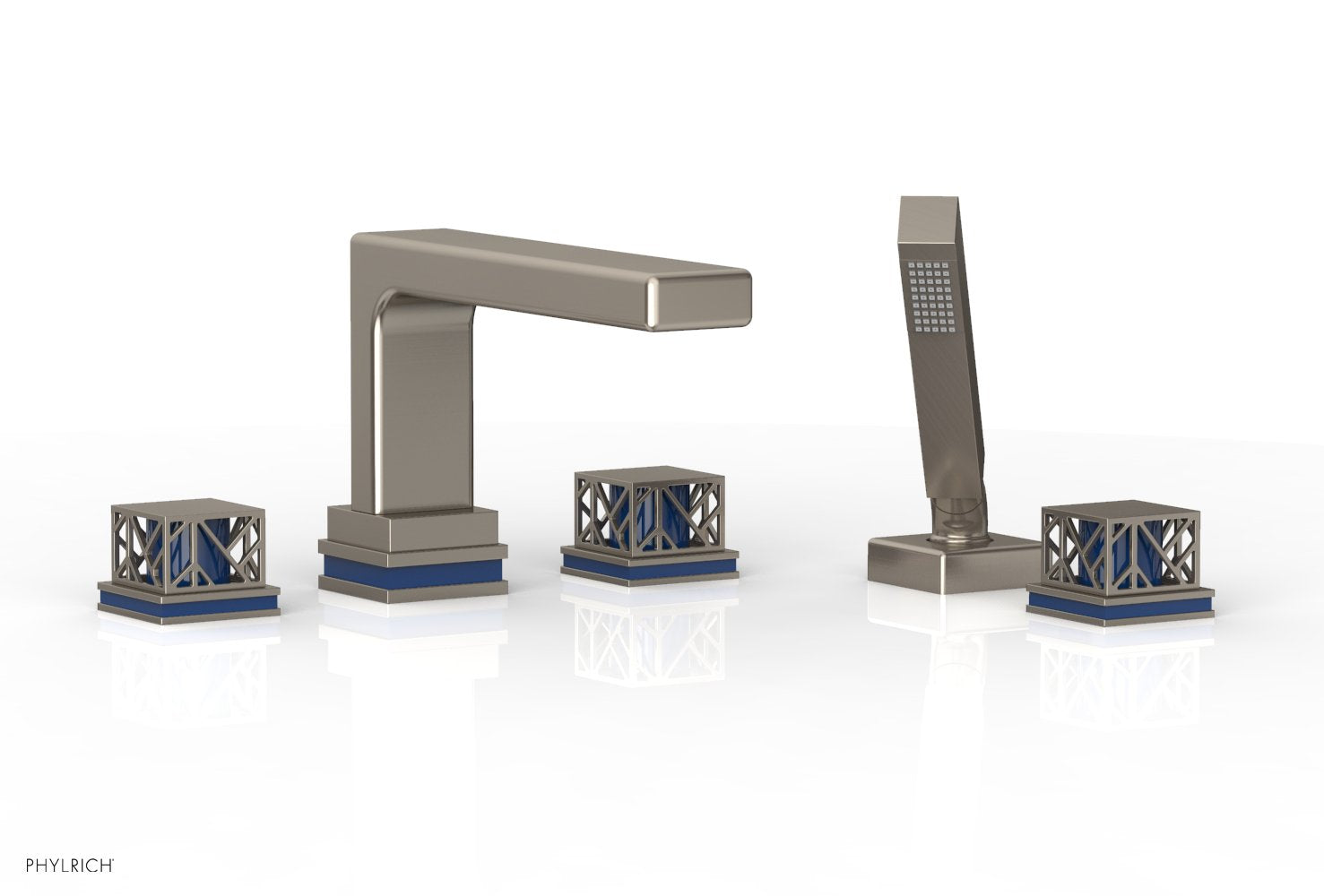 1-3/8" - Pewter - JOLIE Deck Tub Set with Hand Shower - Square Handles with "Navy Blue" Accents 222-49 by Phylrich - New York Hardware