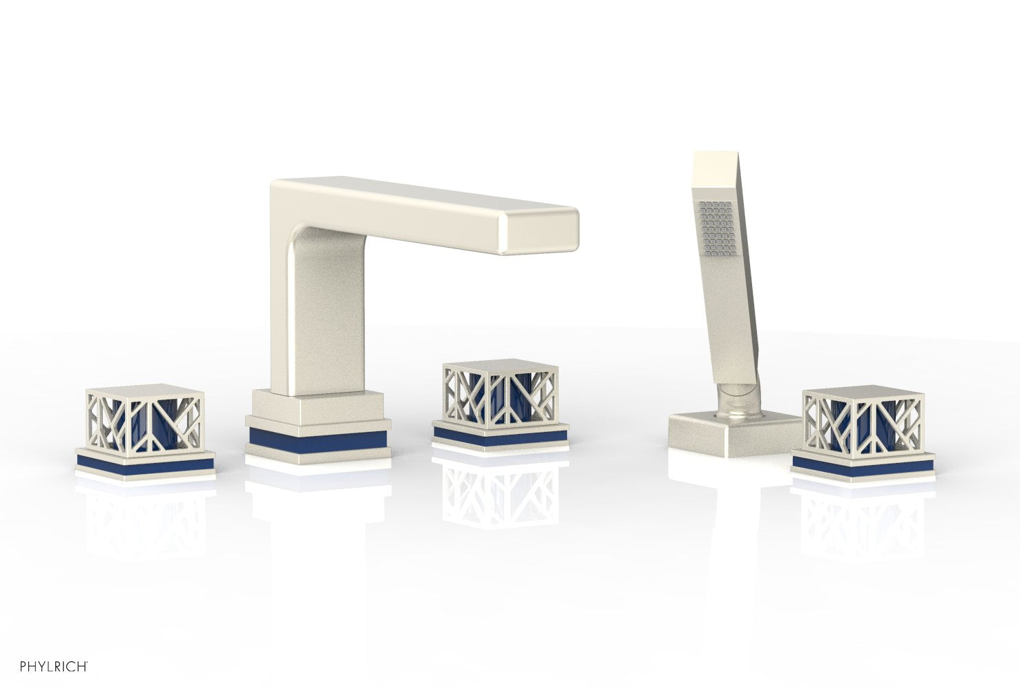 1-3/8" - Burnished Nickel - JOLIE Deck Tub Set with Hand Shower - Square Handles with "Navy Blue" Accents 222-49 by Phylrich - New York Hardware