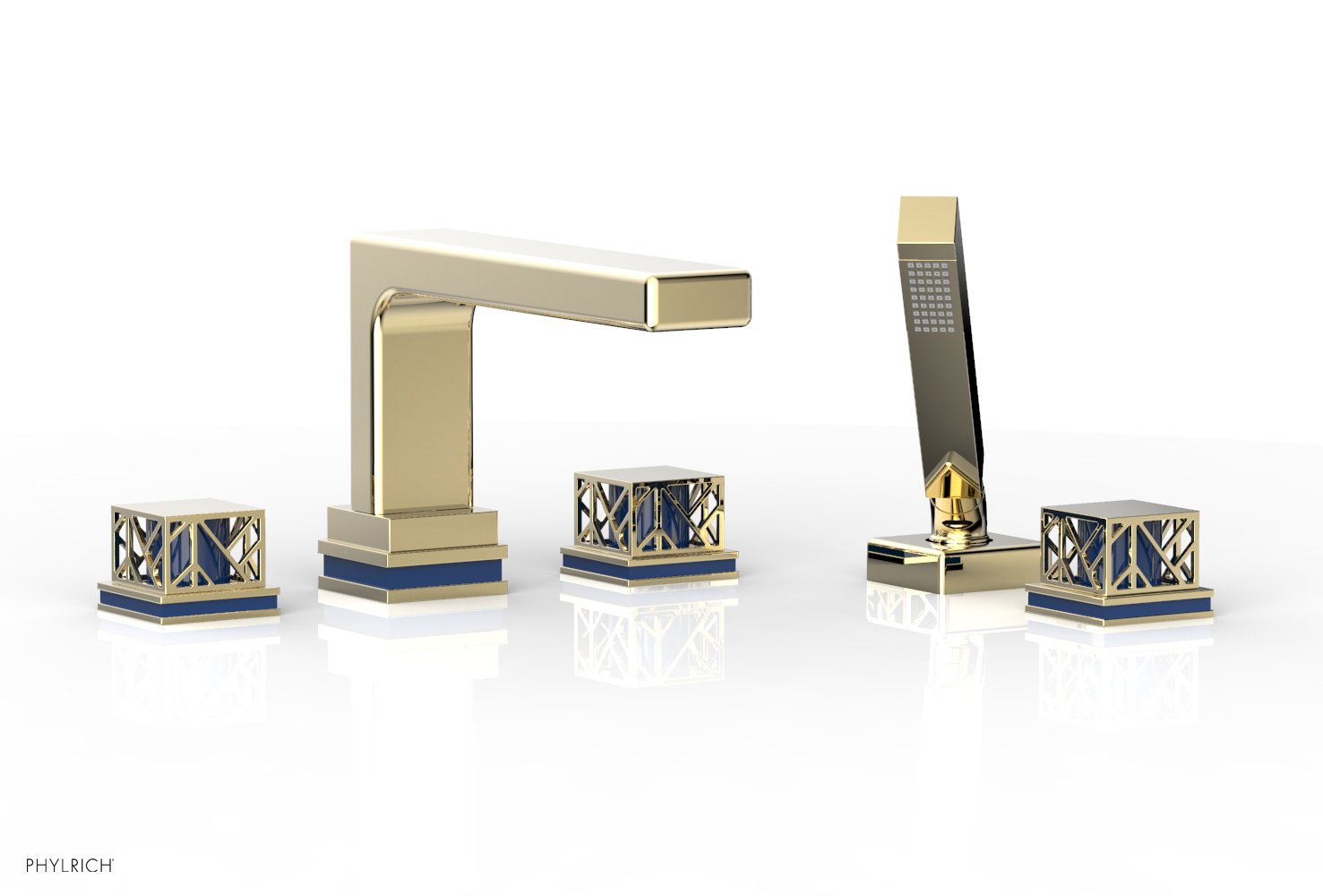 1-3/8" - Polished Brass Uncoated - JOLIE Deck Tub Set with Hand Shower - Square Handles with "Navy Blue" Accents 222-49 by Phylrich - New York Hardware