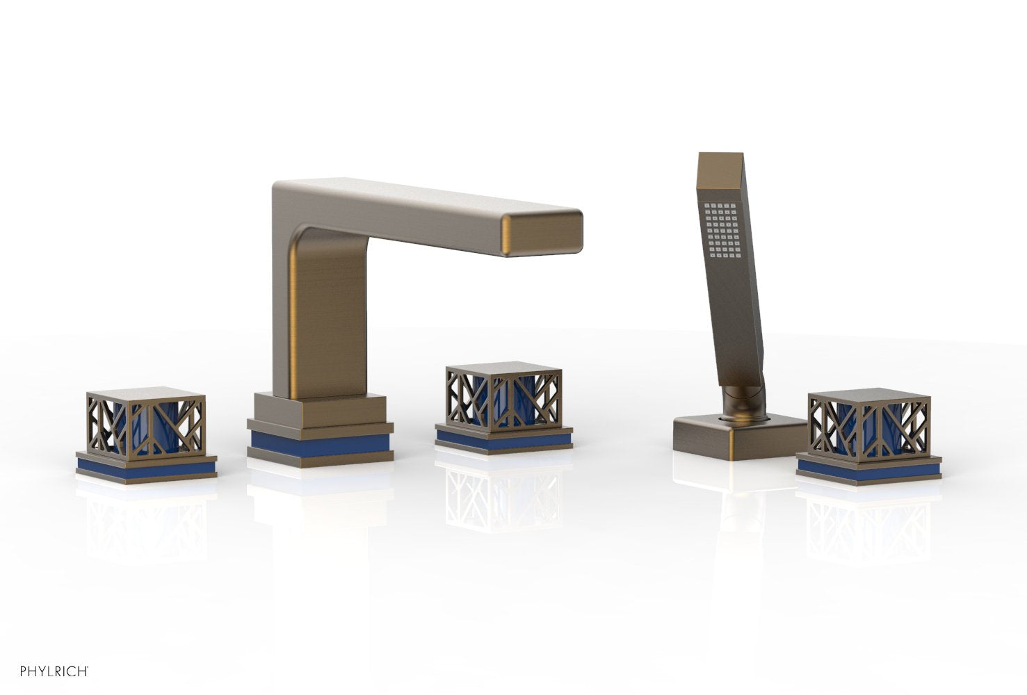 1-3/8" - Old English Brass - JOLIE Deck Tub Set with Hand Shower - Square Handles with "Navy Blue" Accents 222-49 by Phylrich - New York Hardware