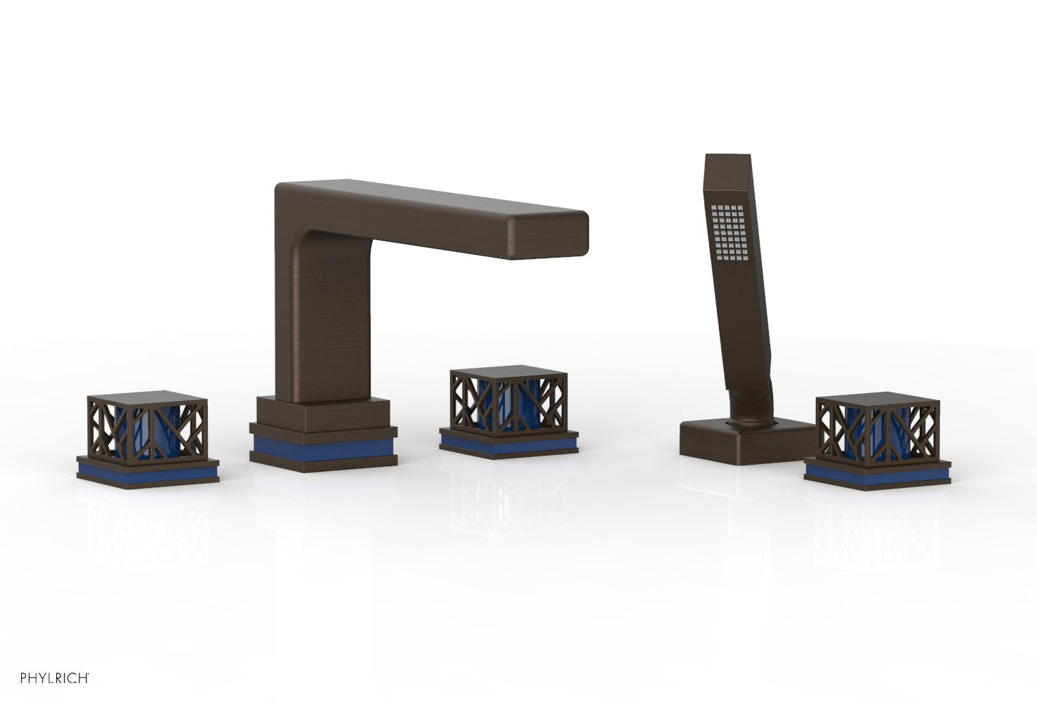 1-3/8" - Antique Bronze - JOLIE Deck Tub Set with Hand Shower - Square Handles with "Navy Blue" Accents 222-49 by Phylrich - New York Hardware