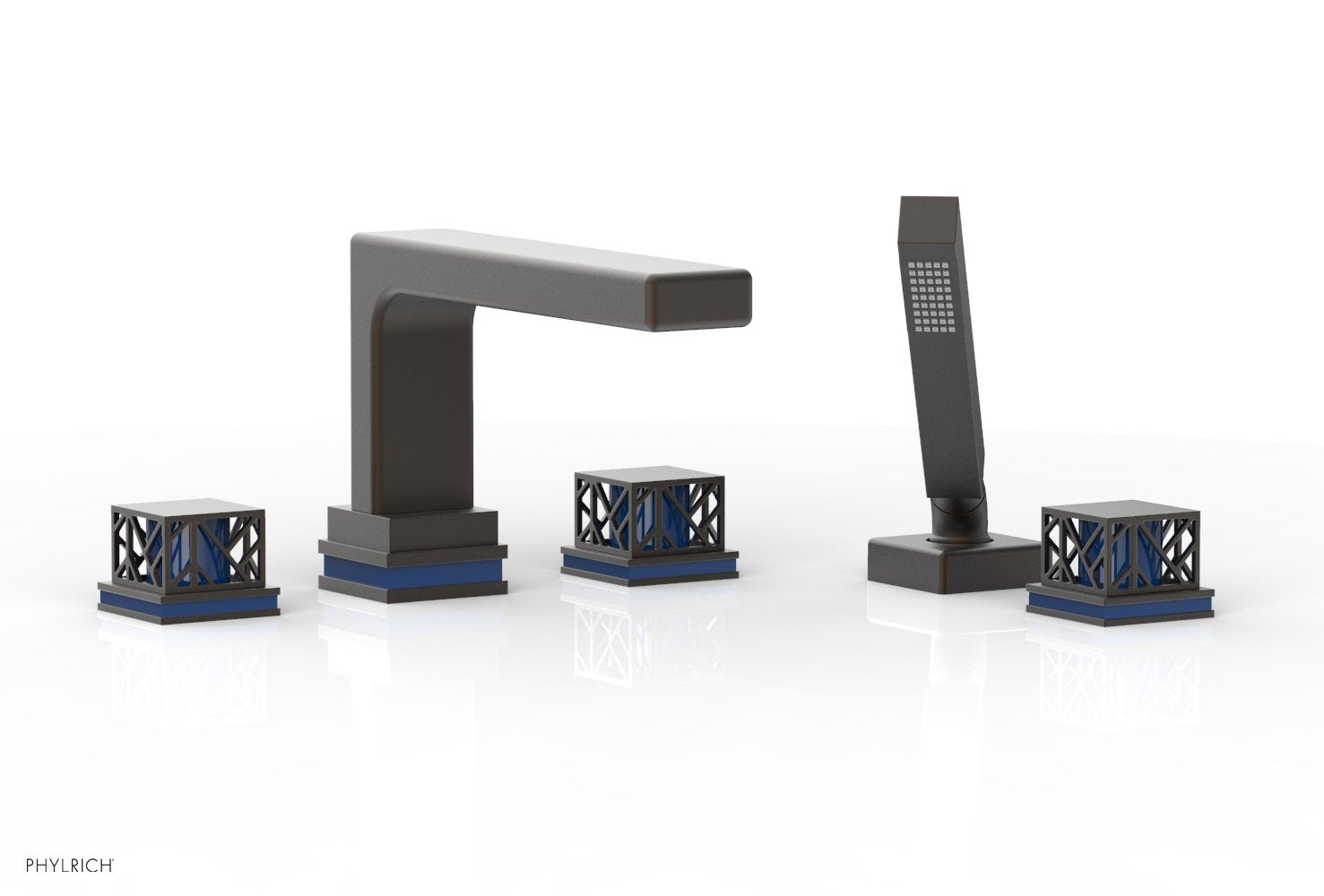 1-3/8" - Oil Rubbed Bronze - JOLIE Deck Tub Set with Hand Shower - Square Handles with "Navy Blue" Accents 222-49 by Phylrich - New York Hardware