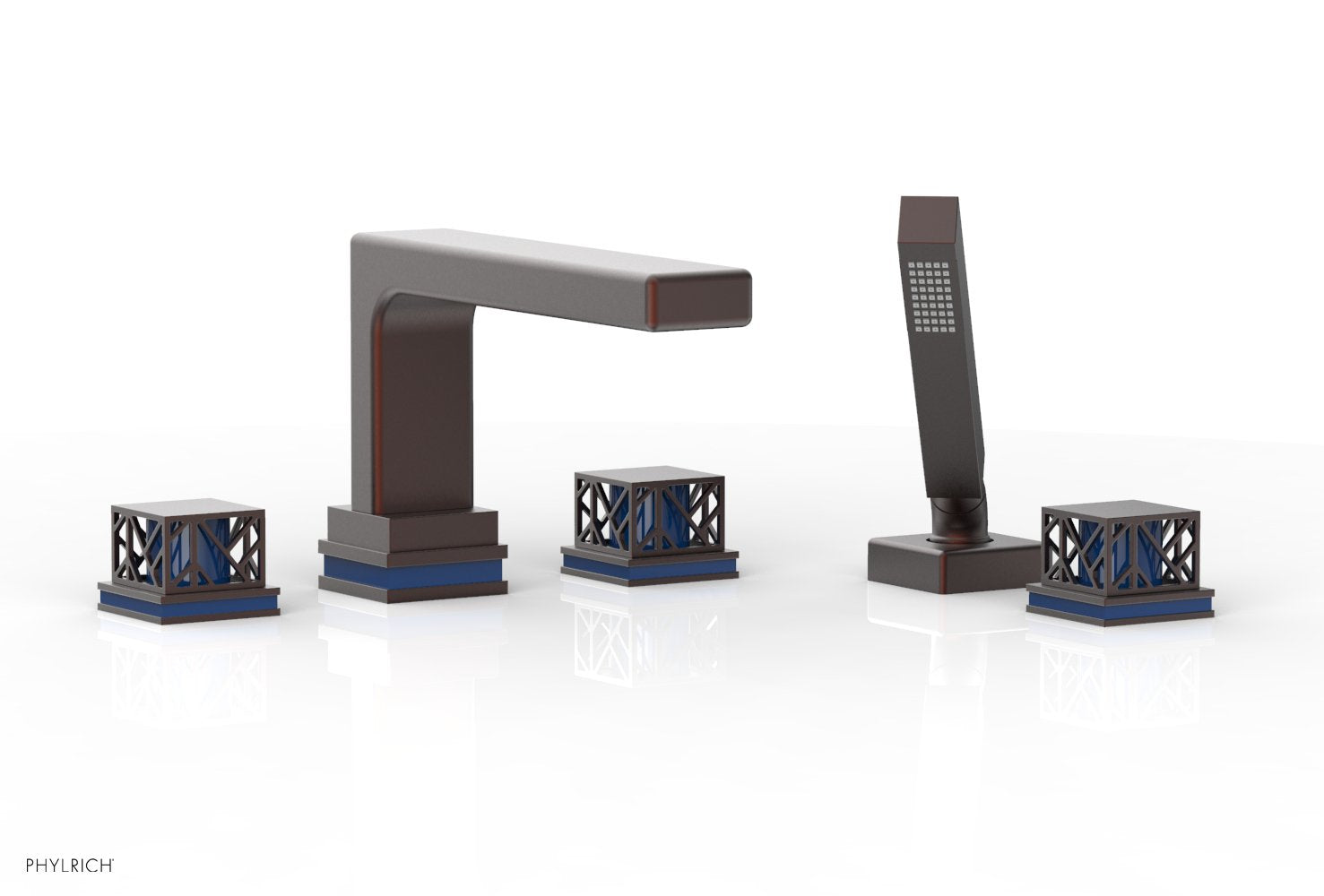 1-3/8" - Weathered Copper - JOLIE Deck Tub Set with Hand Shower - Square Handles with "Navy Blue" Accents 222-49 by Phylrich - New York Hardware