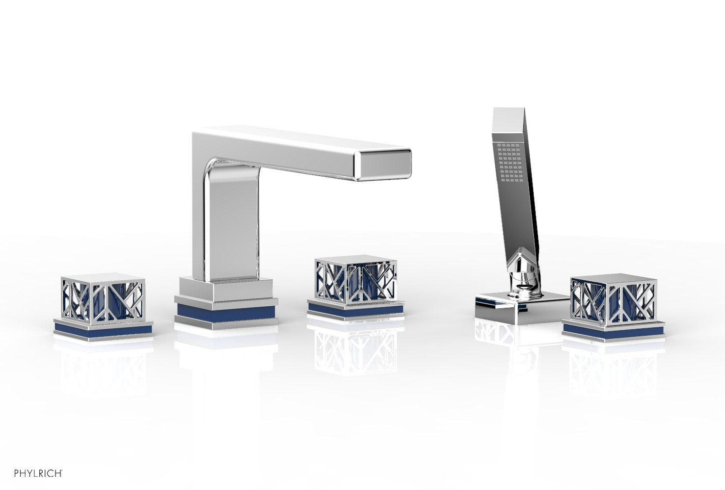 1-3/8" - Satin Brass - JOLIE Deck Tub Set with Hand Shower - Square Handles with "Navy Blue" Accents 222-49 by Phylrich - New York Hardware