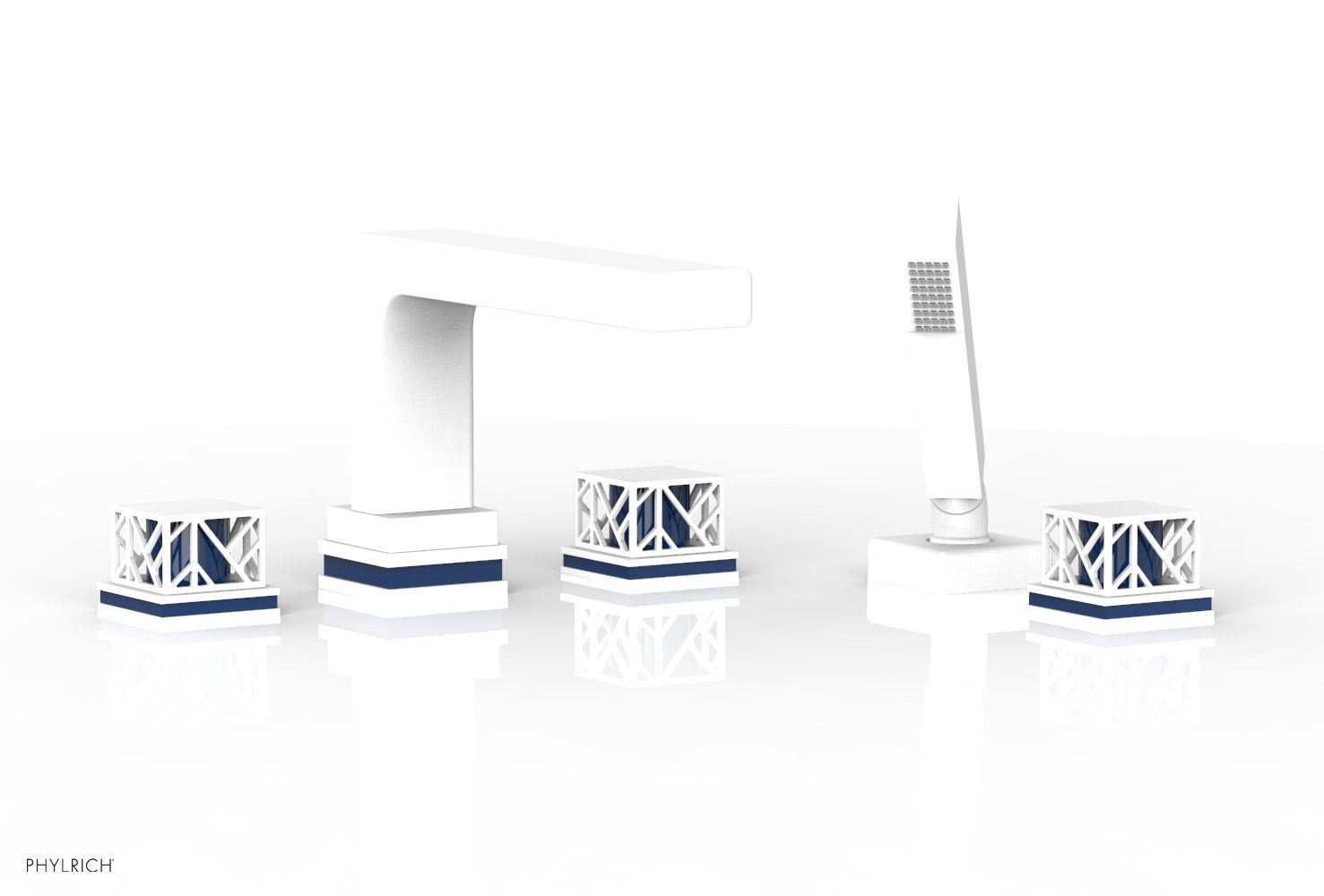 1-3/8" - Satin White - JOLIE Deck Tub Set with Hand Shower - Square Handles with "Navy Blue" Accents 222-49 by Phylrich - New York Hardware